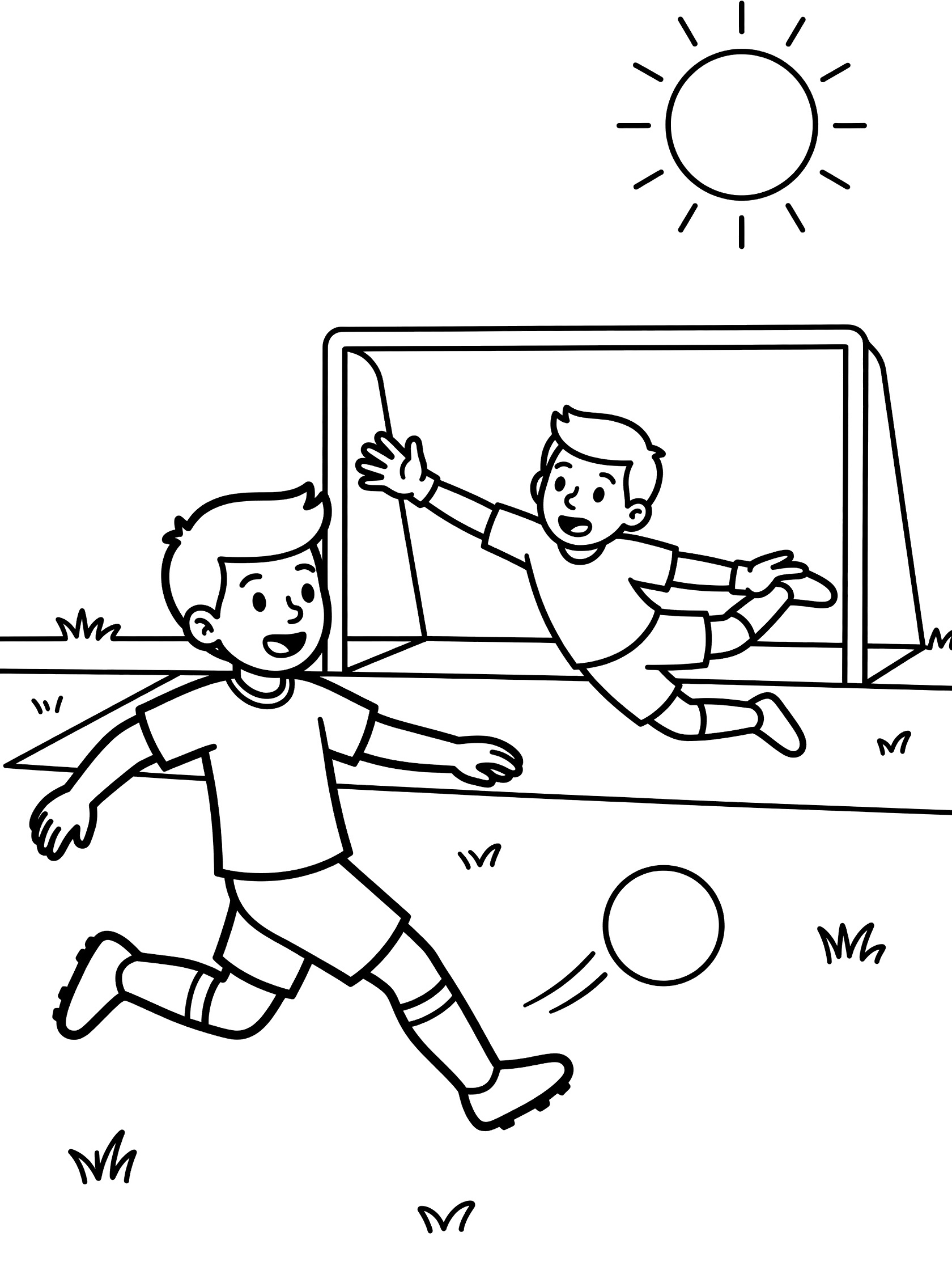 Black and white line art coloring page showing a goalie diving during a soccer penalty kick with the ball flying low and kicker nearby on a sunny field.
