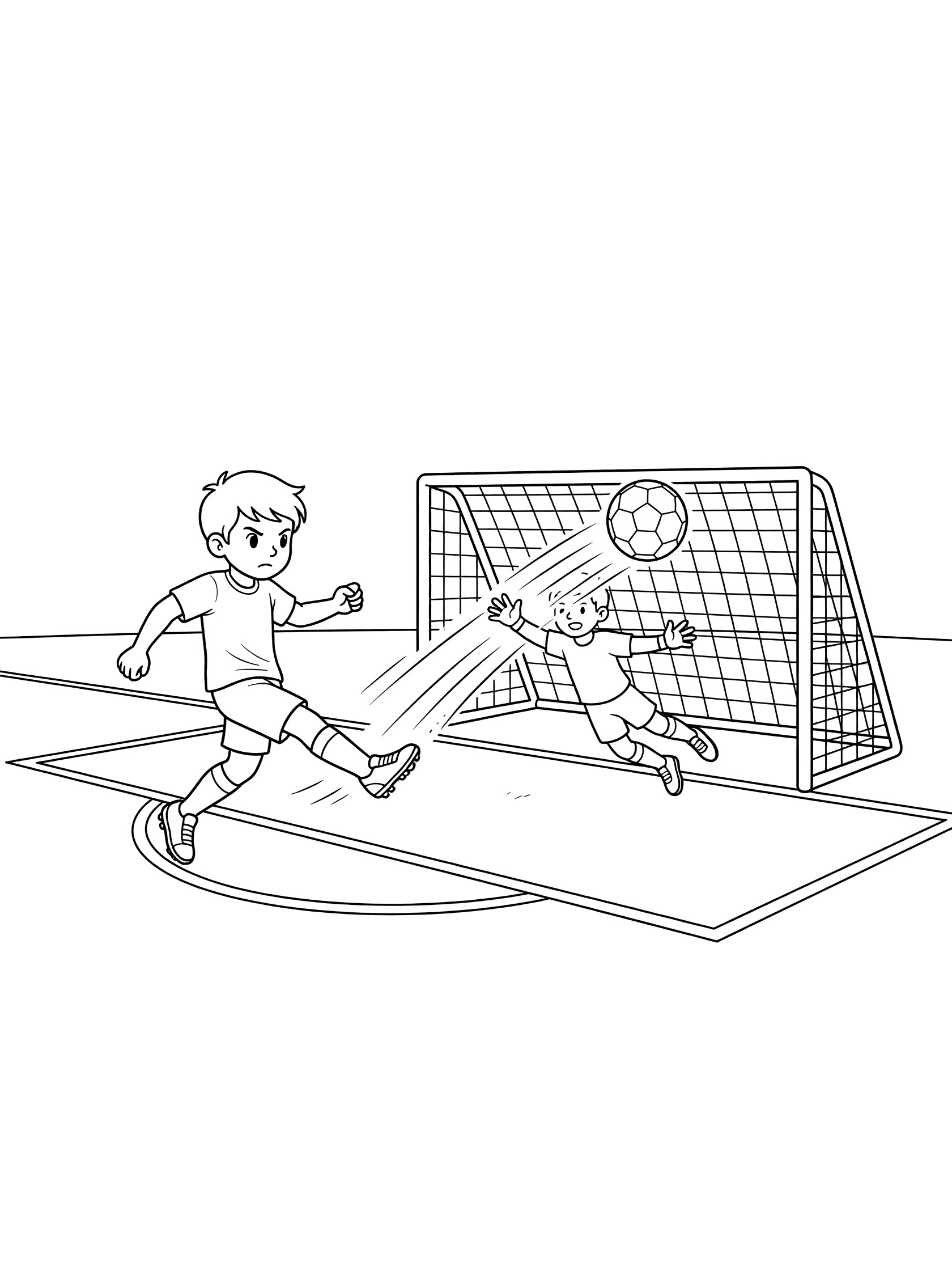 Line art coloring page showing a determined soccer player scoring a goal with a penalty kick, ball flying into the top corner as the goalie dives away, on a playground field with penalty box.