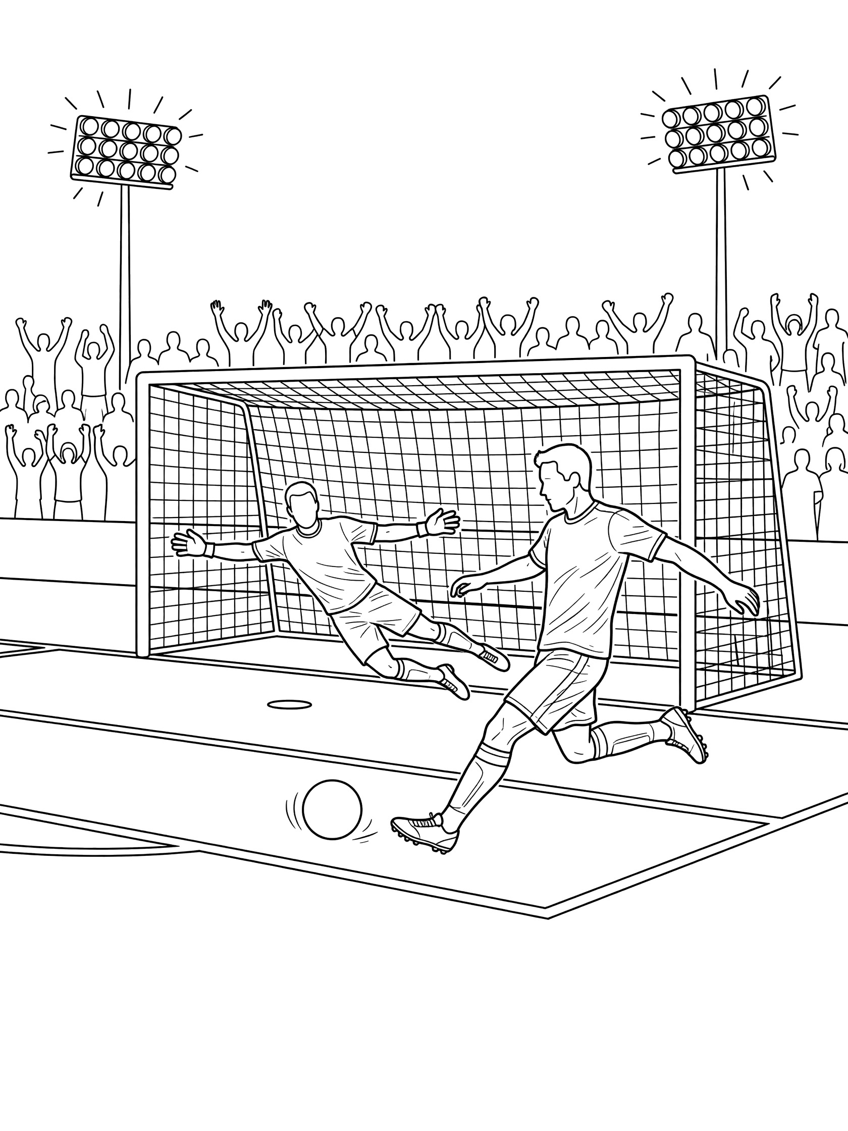 Black and white line art coloring page showing a soccer player taking a penalty kick with the ball rolling to the goal, goalie diving to block it, under stadium lights with crowd silhouettes.