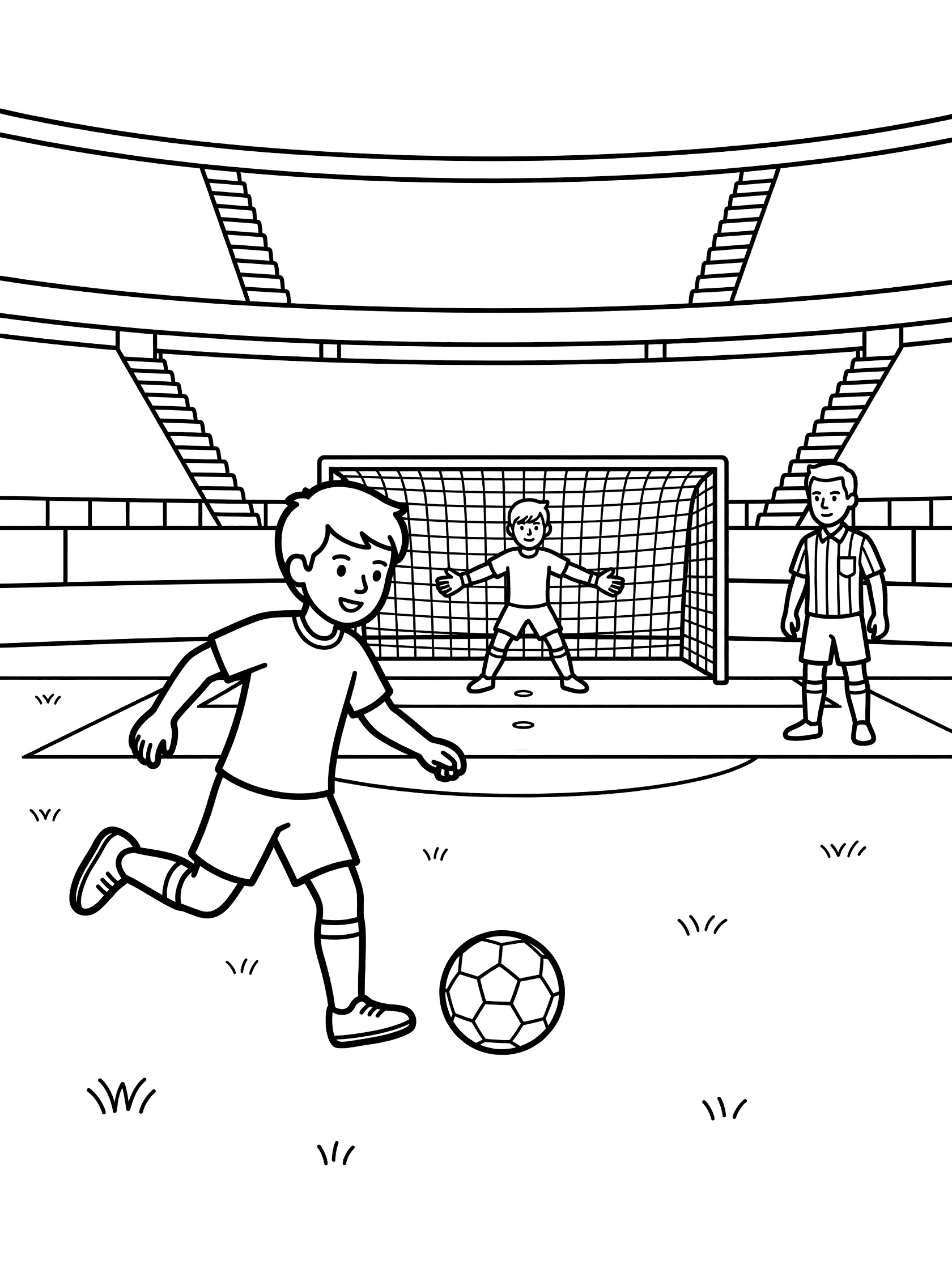 Black and white line art of soccer shoot-out: boy running to kick ball toward goal with goalie and referee in stadium.
