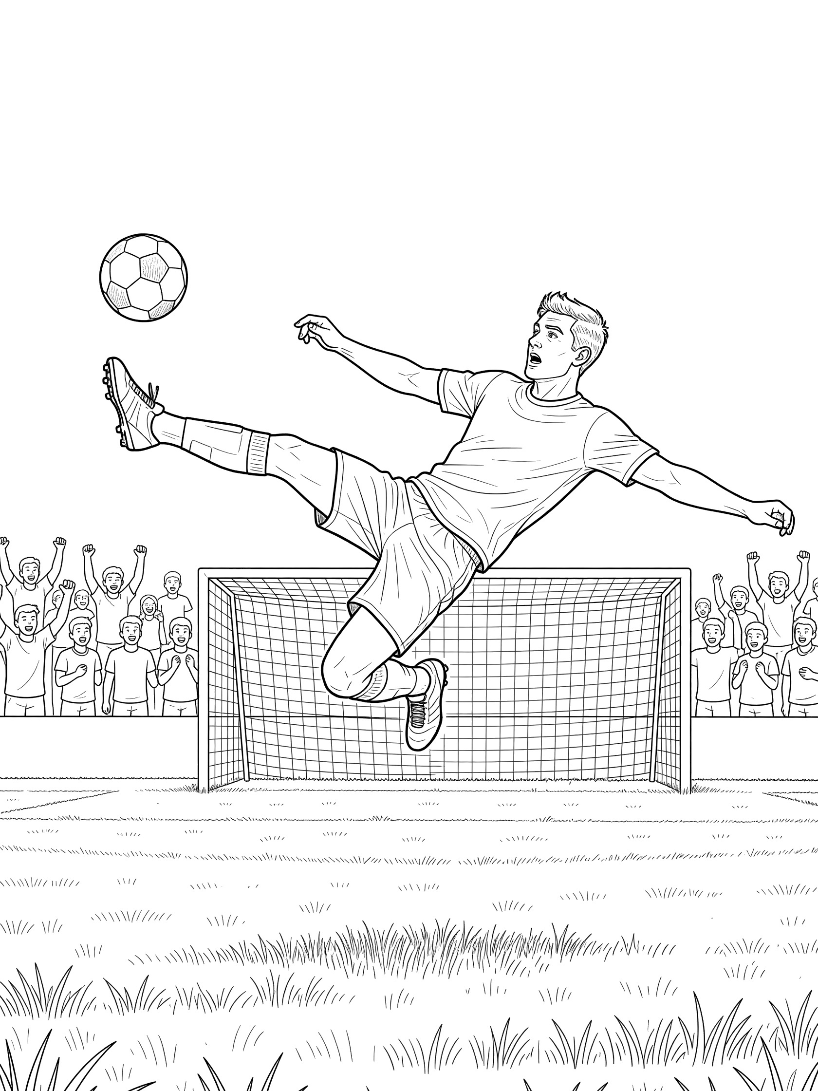 Black-and-white line art of a soccer player performing a bicycle kick, striking the ball towards the goal with spectators cheering on the sidelines.