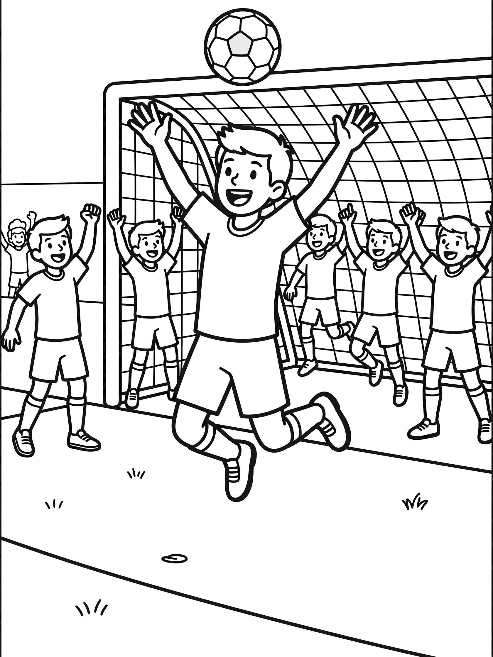 Soccer coloring page showing player celebrating scored penalty kick with arms raised, ball in goal net, and cheering teammates