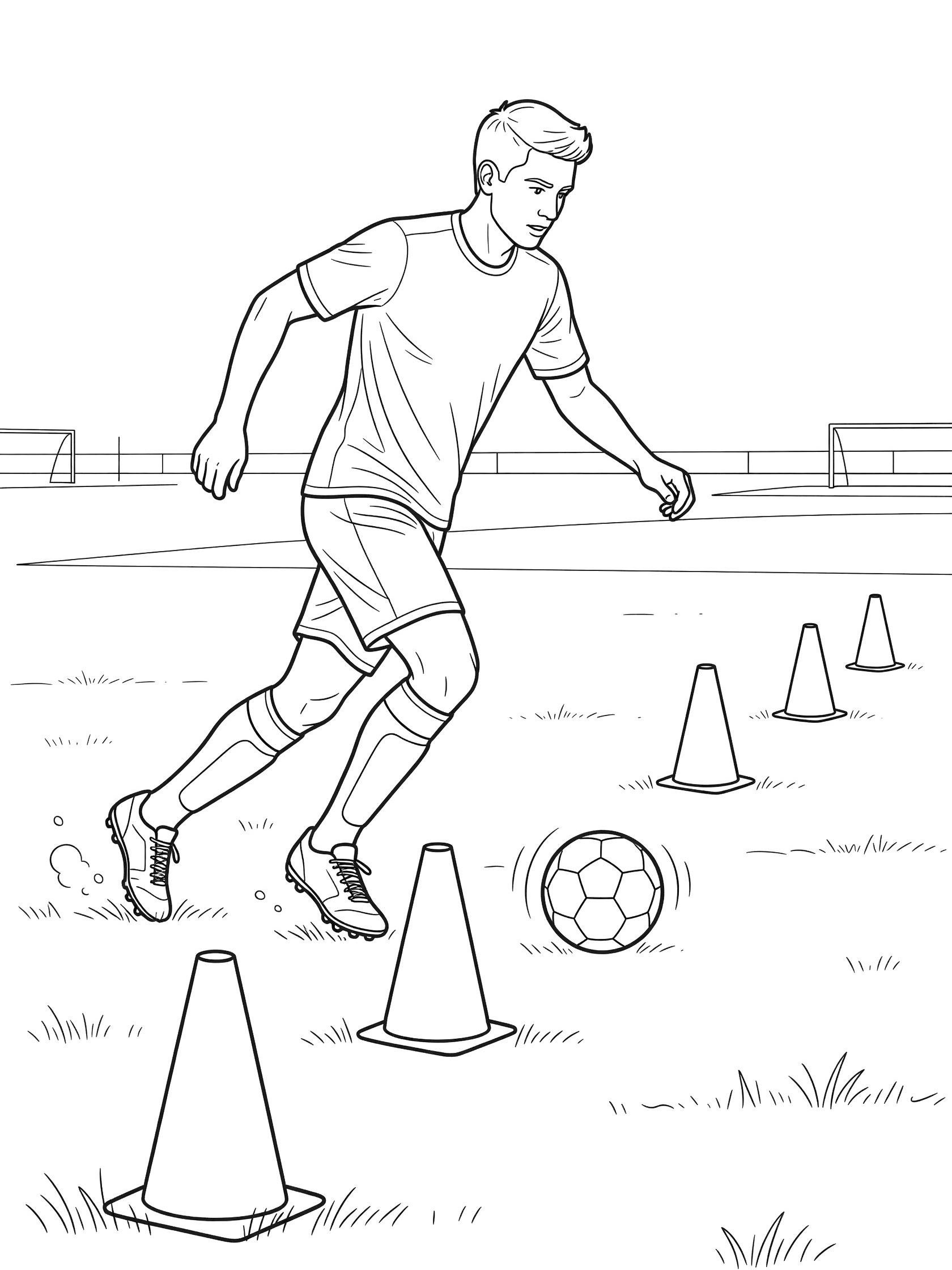 Black-and-white coloring page of a soccer player in uniform dribbling a soccer ball around a series of training cones on a practice field