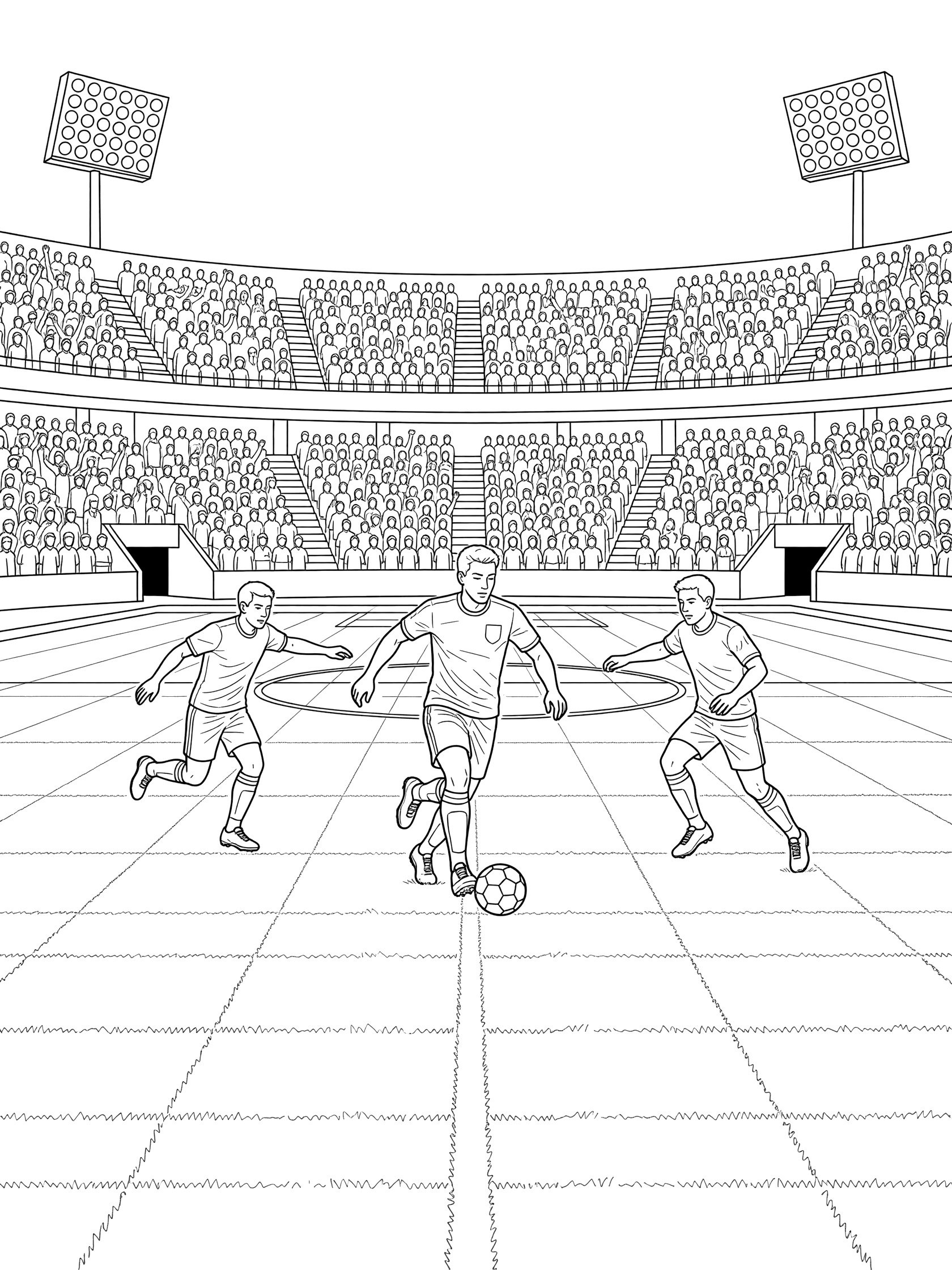 Line art coloring page showing a soccer player dribbling a ball down the center of a grand soccer stadium field, weaving past two opponents, with packed stands and bright stadium lights.