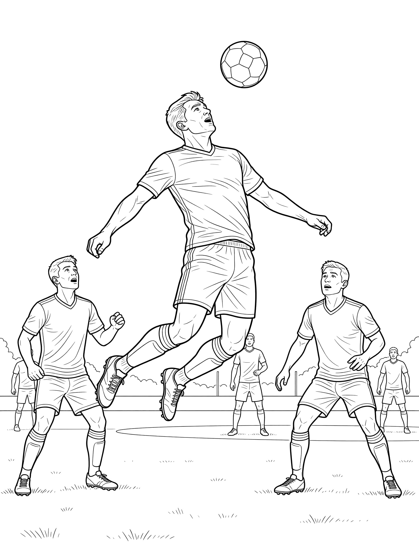 Black-and-white line art of a soccer player jumping mid-air to head a soccer ball, with teammates on the grassy field.