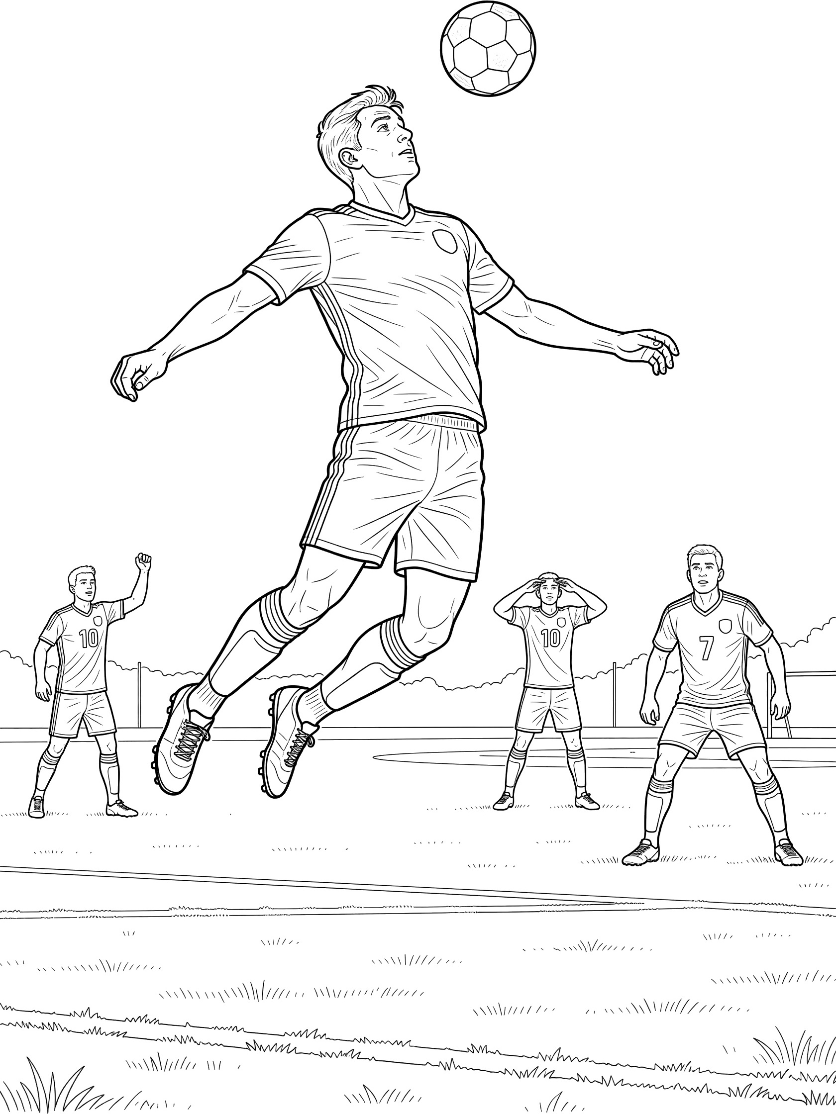 Black-and-white coloring page of a soccer player leaping mid-air to head a soccer ball, with teammates standing on the grass field