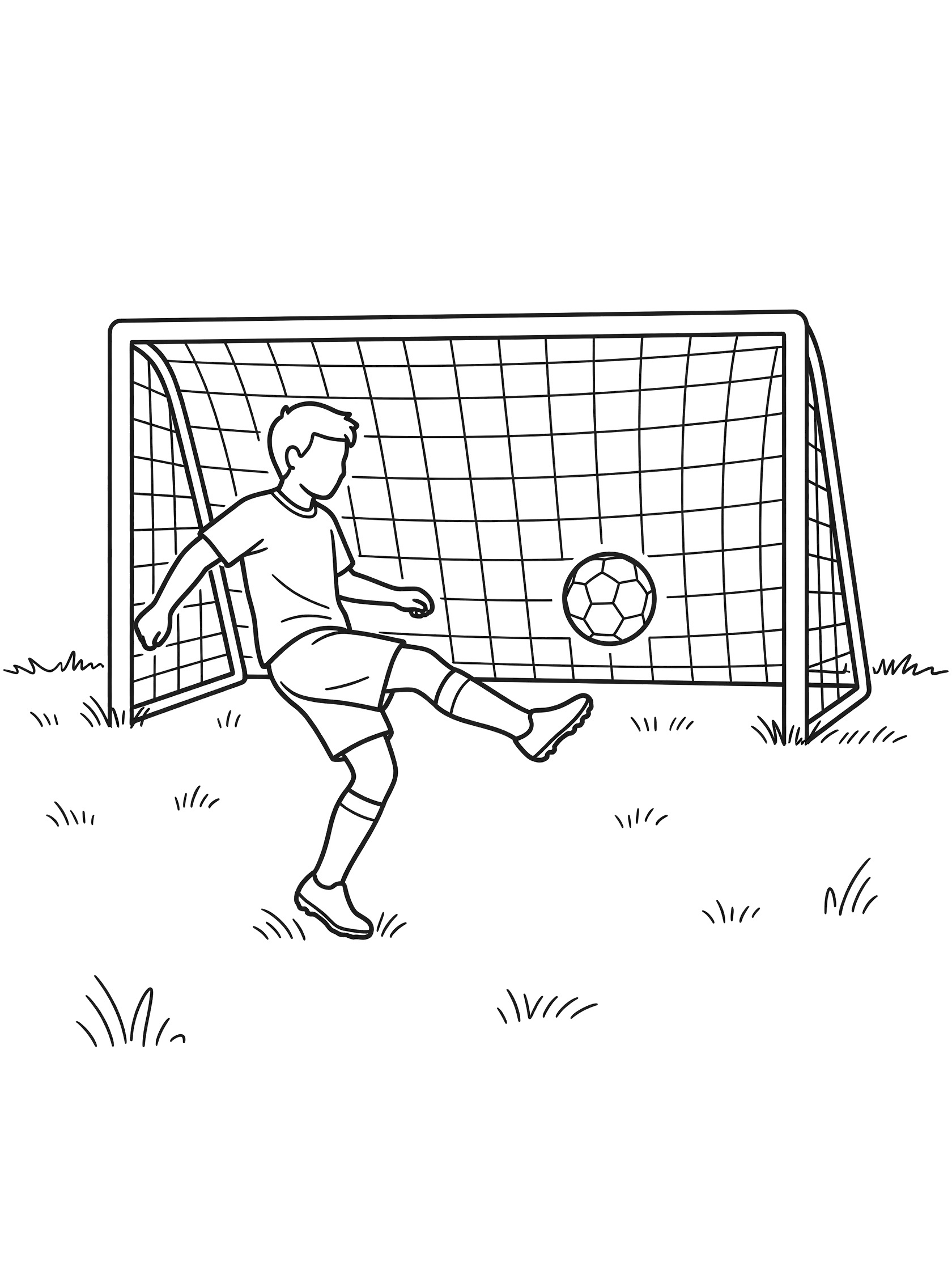 Black-and-white coloring page of a soccer player kicking a soccer ball straight into the goal on a grassy field