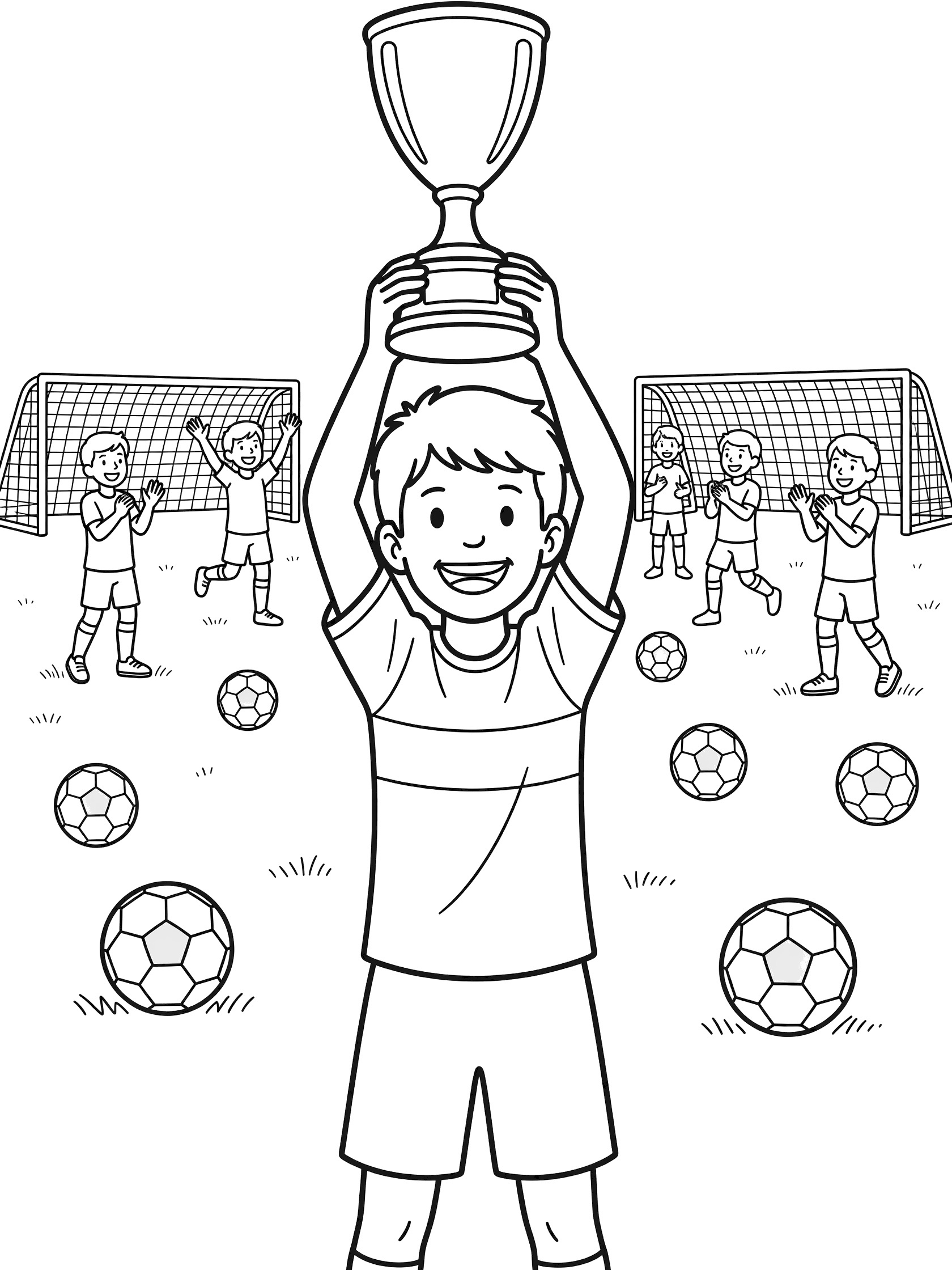 Black-and-white line art of a child in soccer jersey excitedly lifting a large soccer trophy on a sunny field with goals, balls, and background teammates cheering.