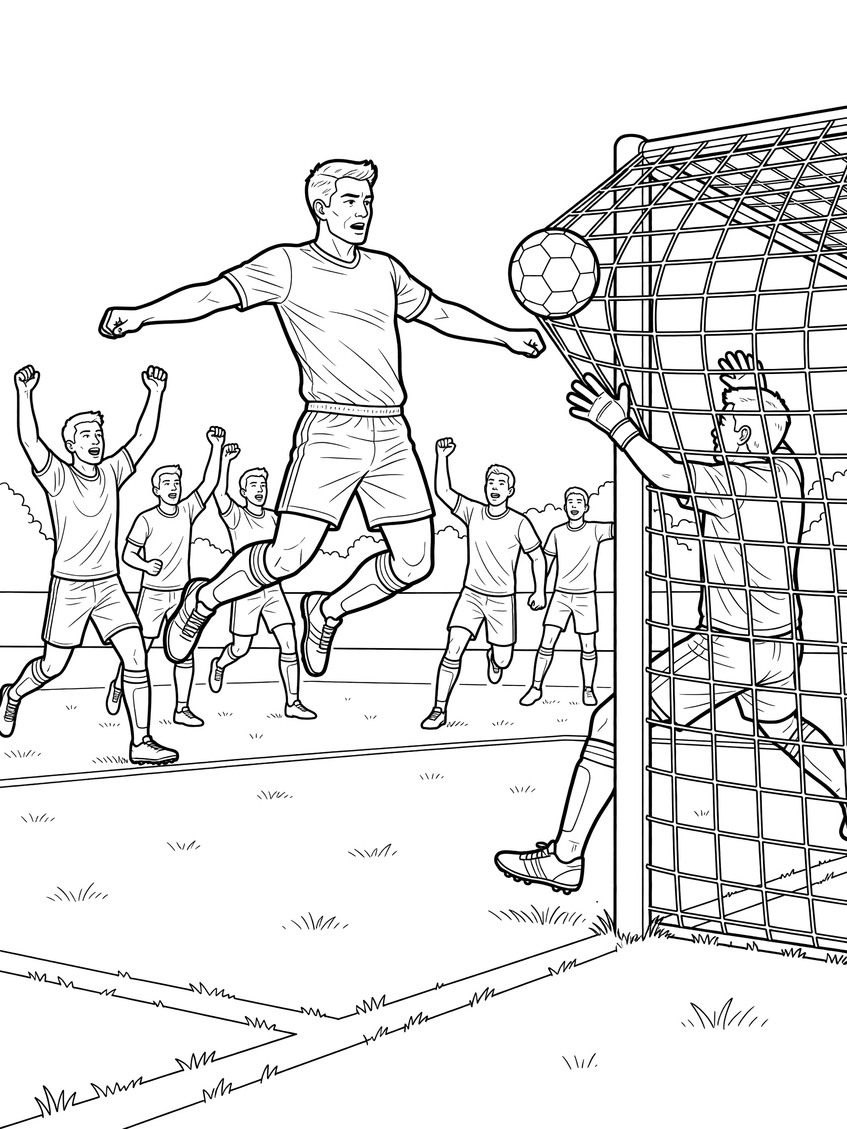 Black and white line art of soccer player scoring goal by heading the ball powerfully into the net with cheering teammates and goalie on green field