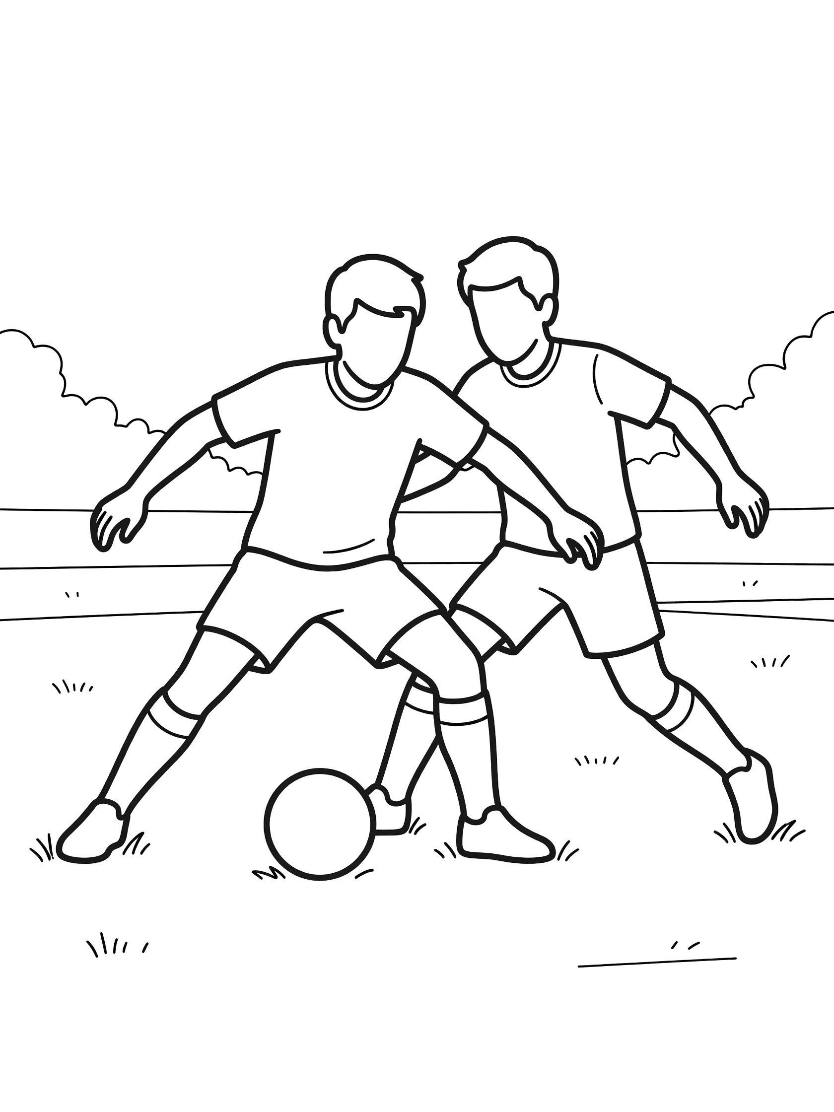Black-and-white coloring page of a soccer player protecting the soccer ball from an opponent with legs close to the grass on a park field