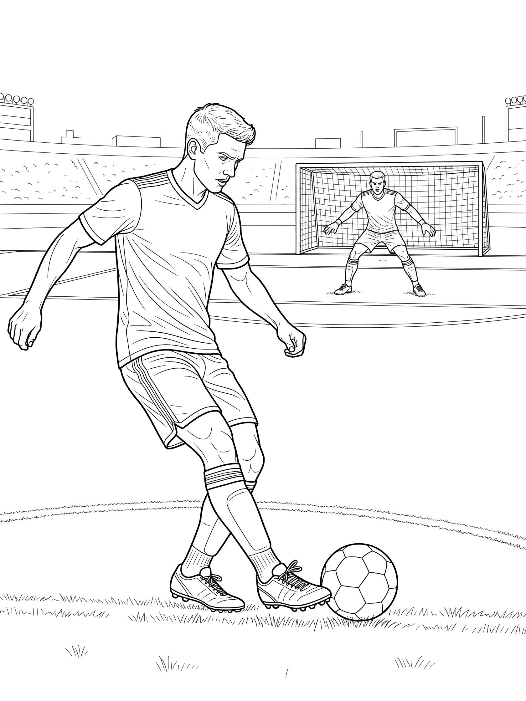 Black and white coloring page of a soccer player about to kick a penalty shot with goalie waiting in the goal on a stadium field