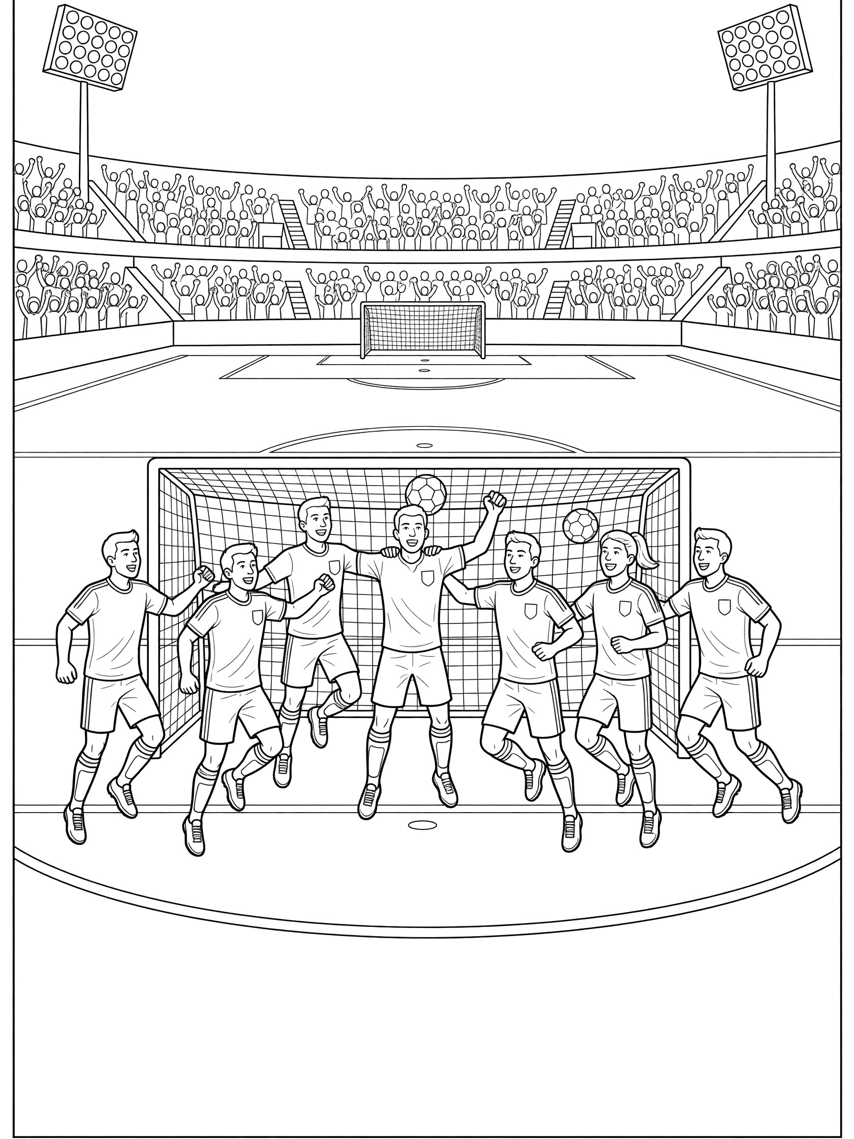 Line art coloring page showing soccer team celebrating a goal with ball in net inside a full soccer stadium, bold outlines on white background.