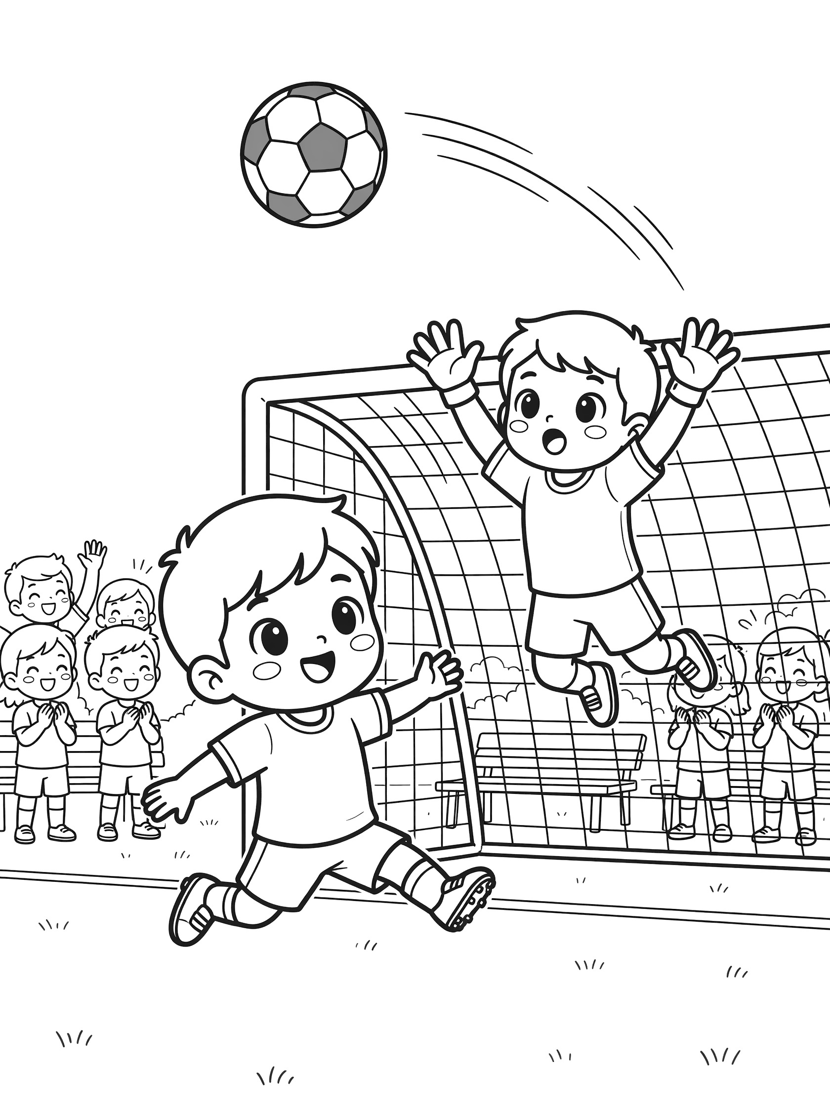 Cute kawaii soccer coloring page showing a player chipping the ball high over a jumping goalie to score a goal, with happy teammates clapping on the sidelines.