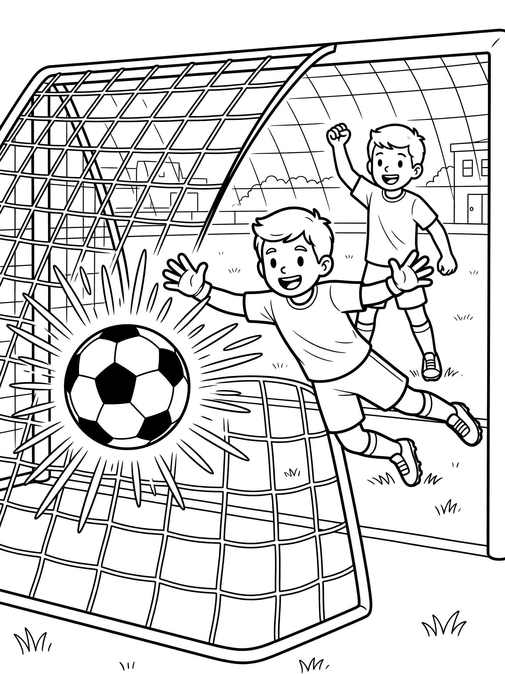 Black and white line art of soccer shoot-out: ball scoring in goal, diving goalie, rippling net, fist-pumping player.