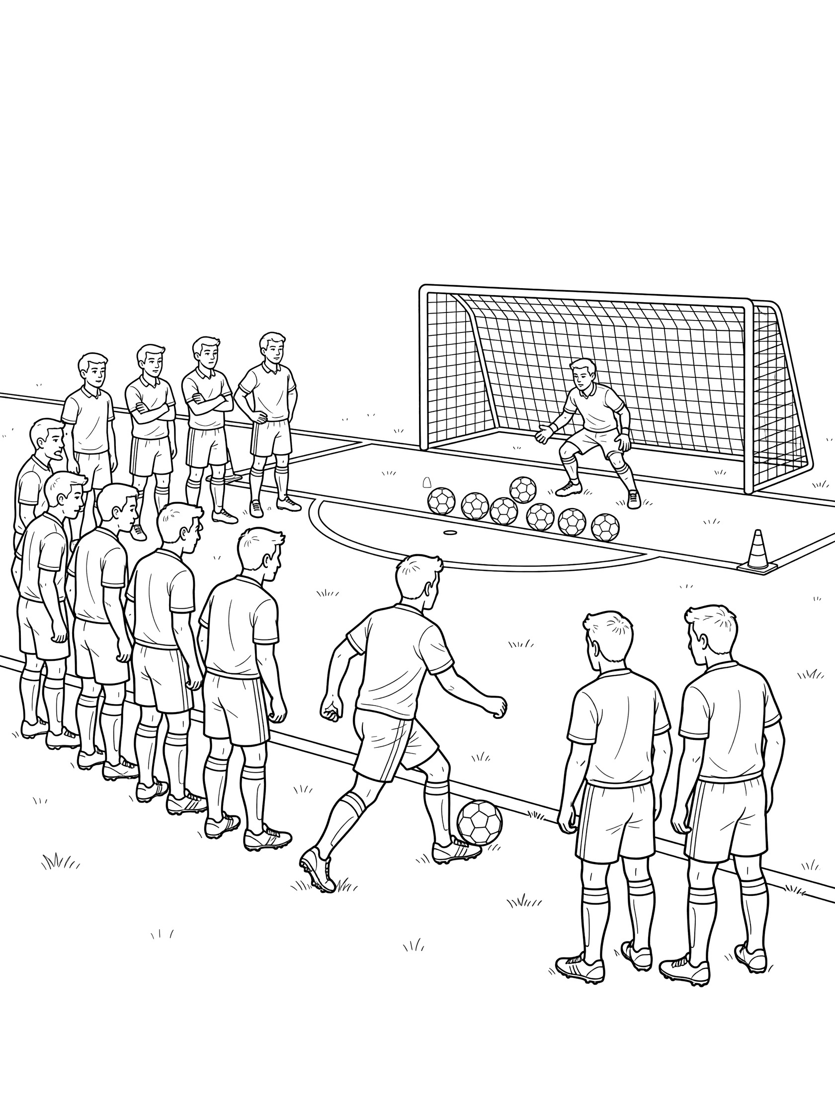Black-and-white line art coloring page showing soccer teams in a shoot-out, with player kicking penalty toward goal, balls and cones on field.