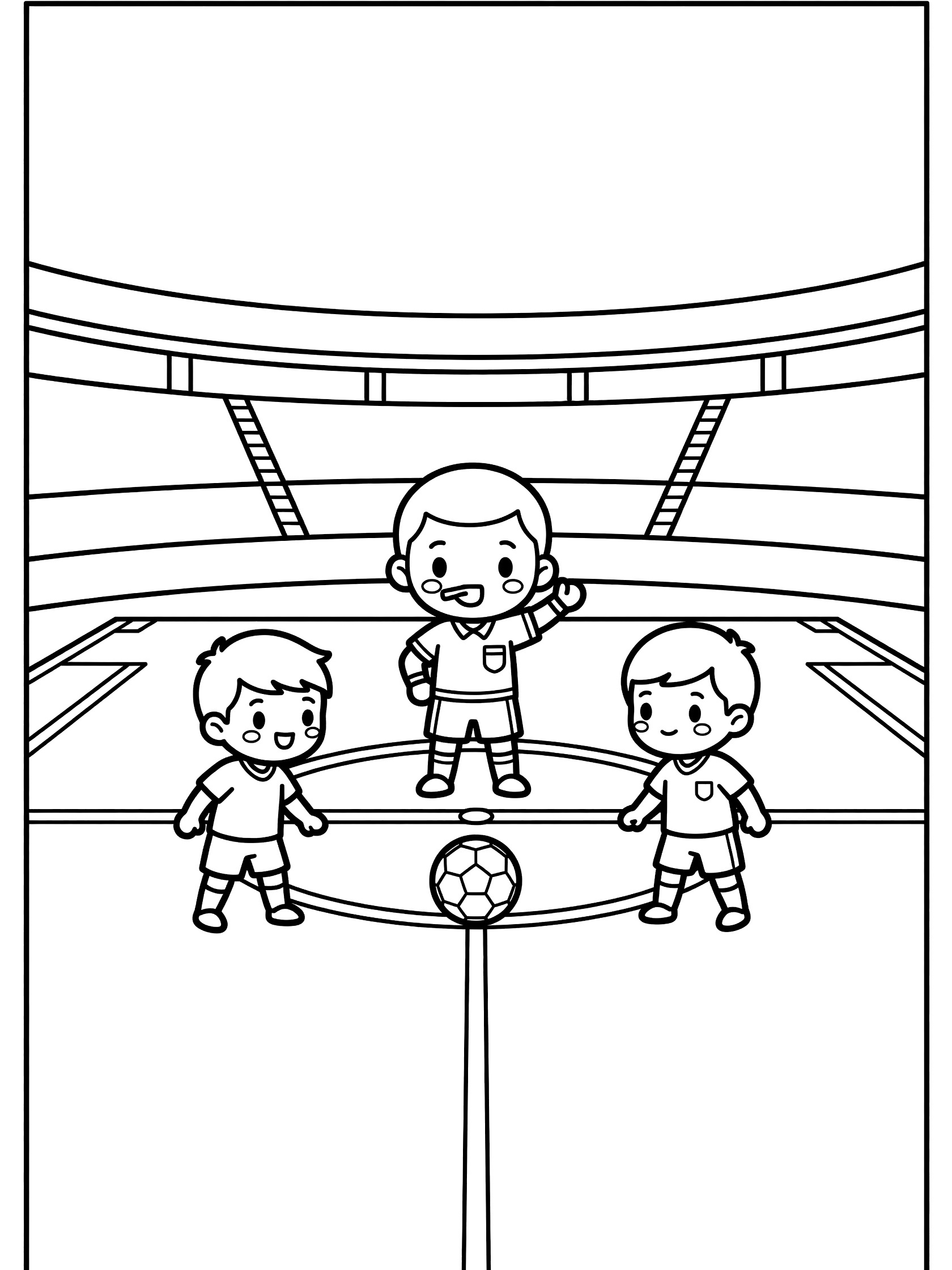 Black-and-white line art coloring page showing a referee blowing whistle for soccer kickoff in a stadium, with two opposing players near the ball on the field.