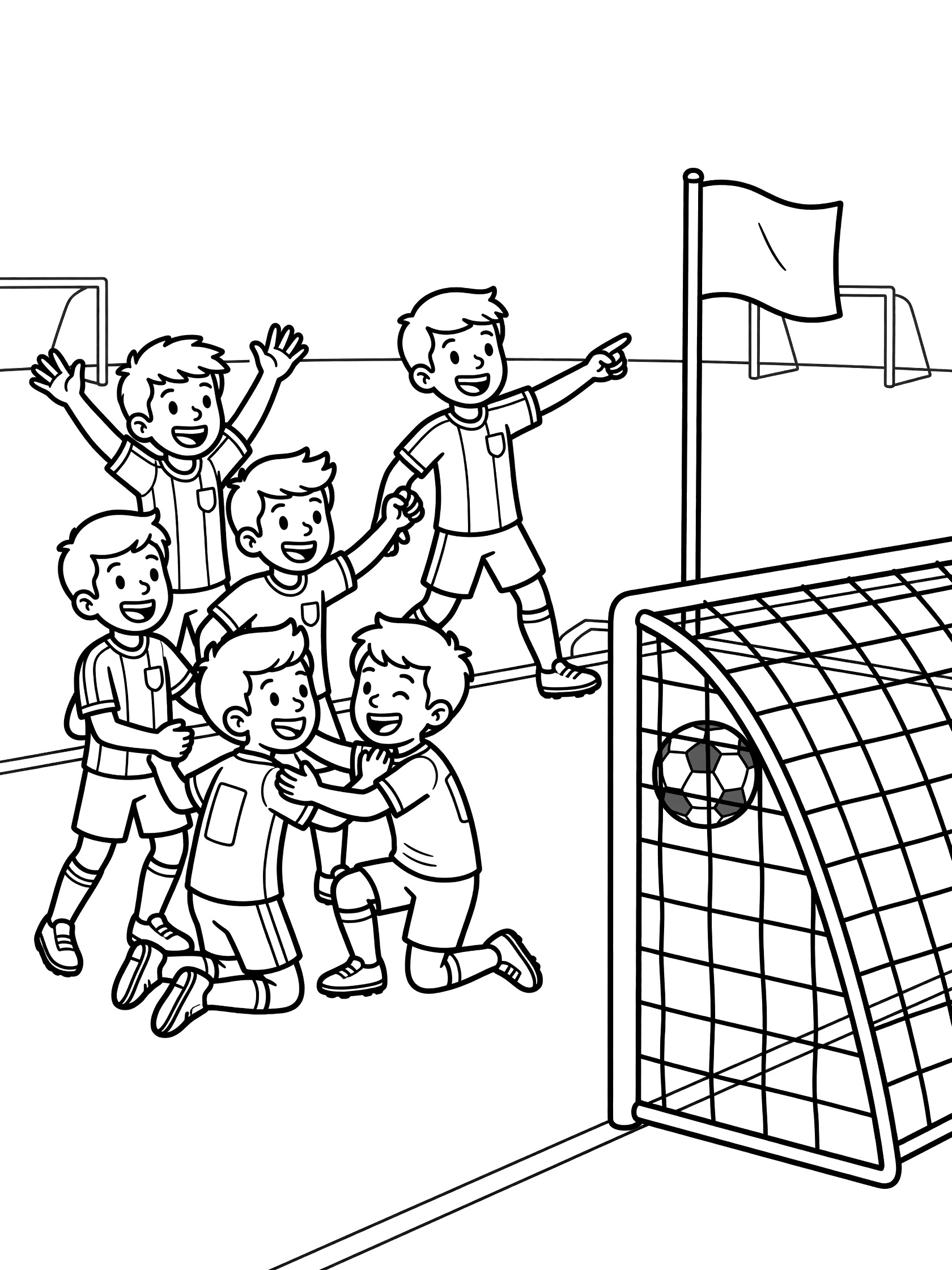 Black and white coloring page showing soccer players celebrating a corner kick goal with hugs, cheers, ball in net, and corner flag.