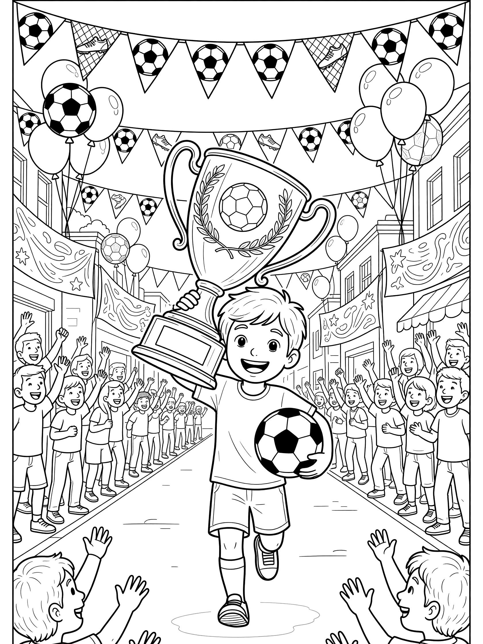 Black-and-white line art of a smiling boy in soccer uniform carrying a large soccer trophy on his shoulder down a festive street lined with crowds, balloons, flags, and a soccer ball under his arm.