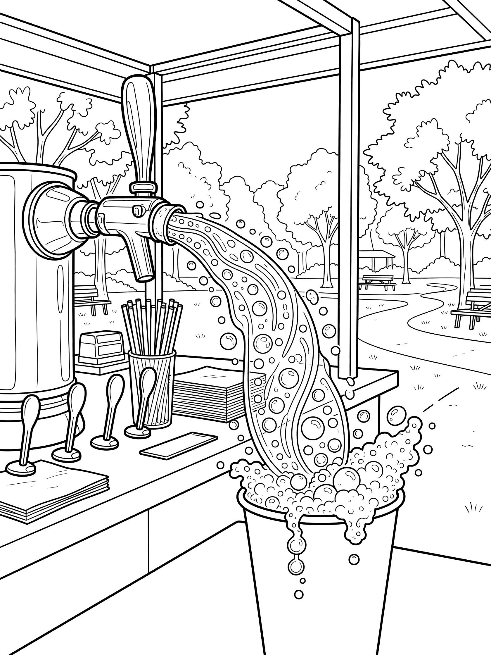 Black and white coloring page of soda fountain pouring fizzy soda with bubbles into a paper cup on a snack stand counter in a park, with straw dispenser and napkins.