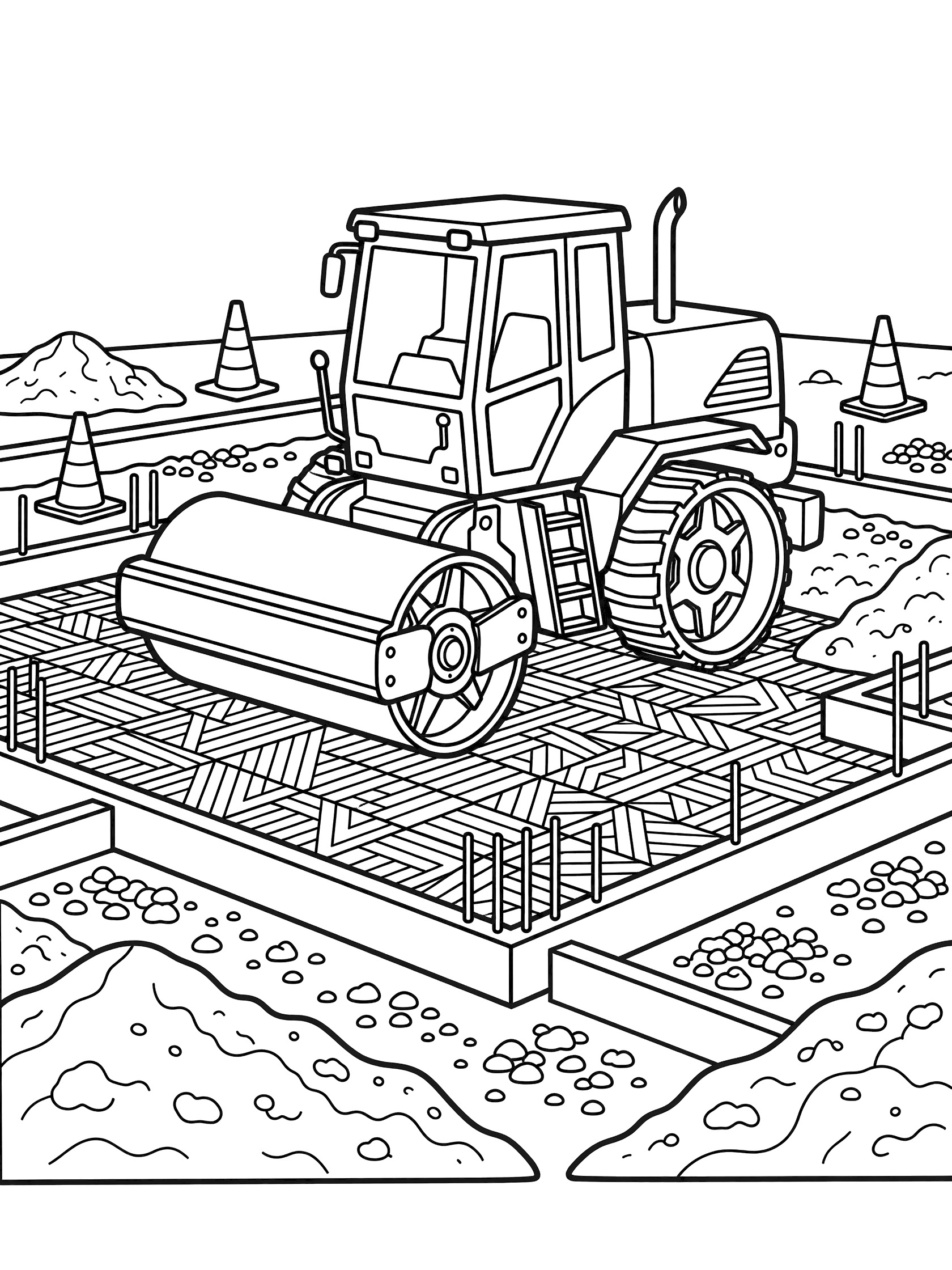 Black and white line art of a soil compactor with large angular roller wheels pressing into patterned soil foundation, blocky cab, exhaust stack, dirt mounds, wooden forms with rebar, gravel, and construction cones.