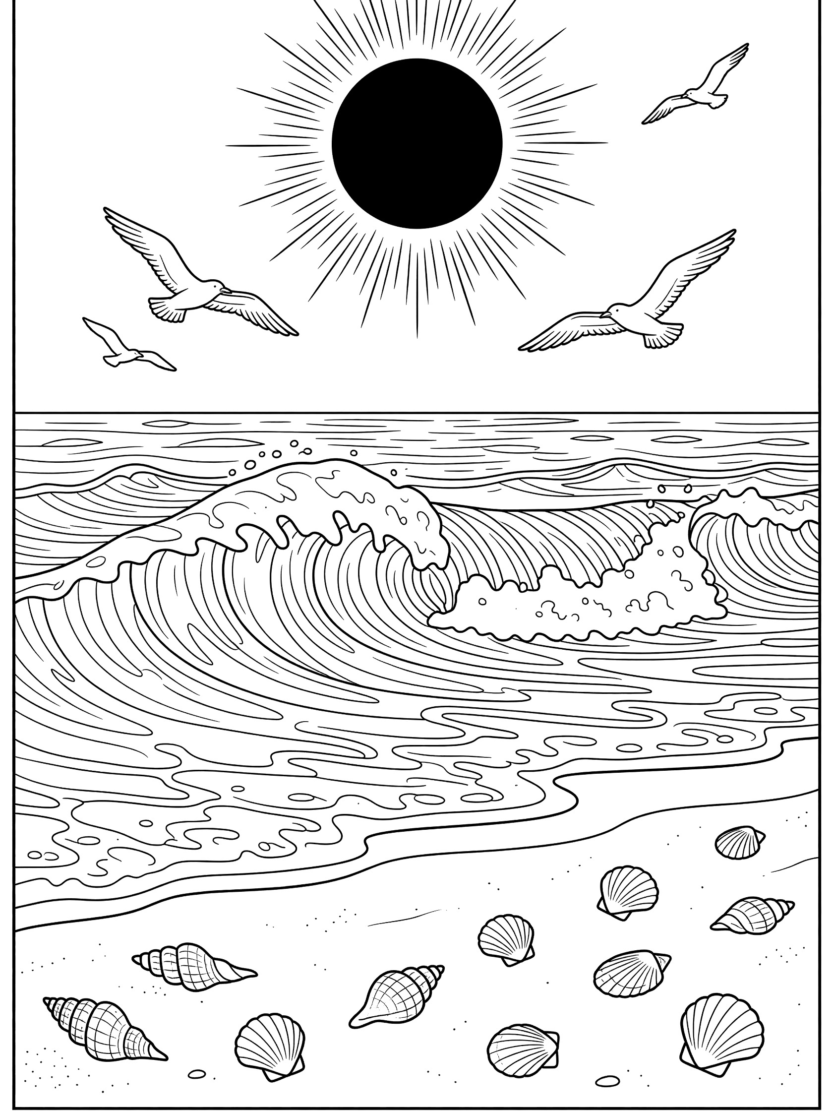 Black and white line art coloring page showing a solar eclipse in the sky above rolling ocean waves, seagulls flying, and scattered seashells on the beach