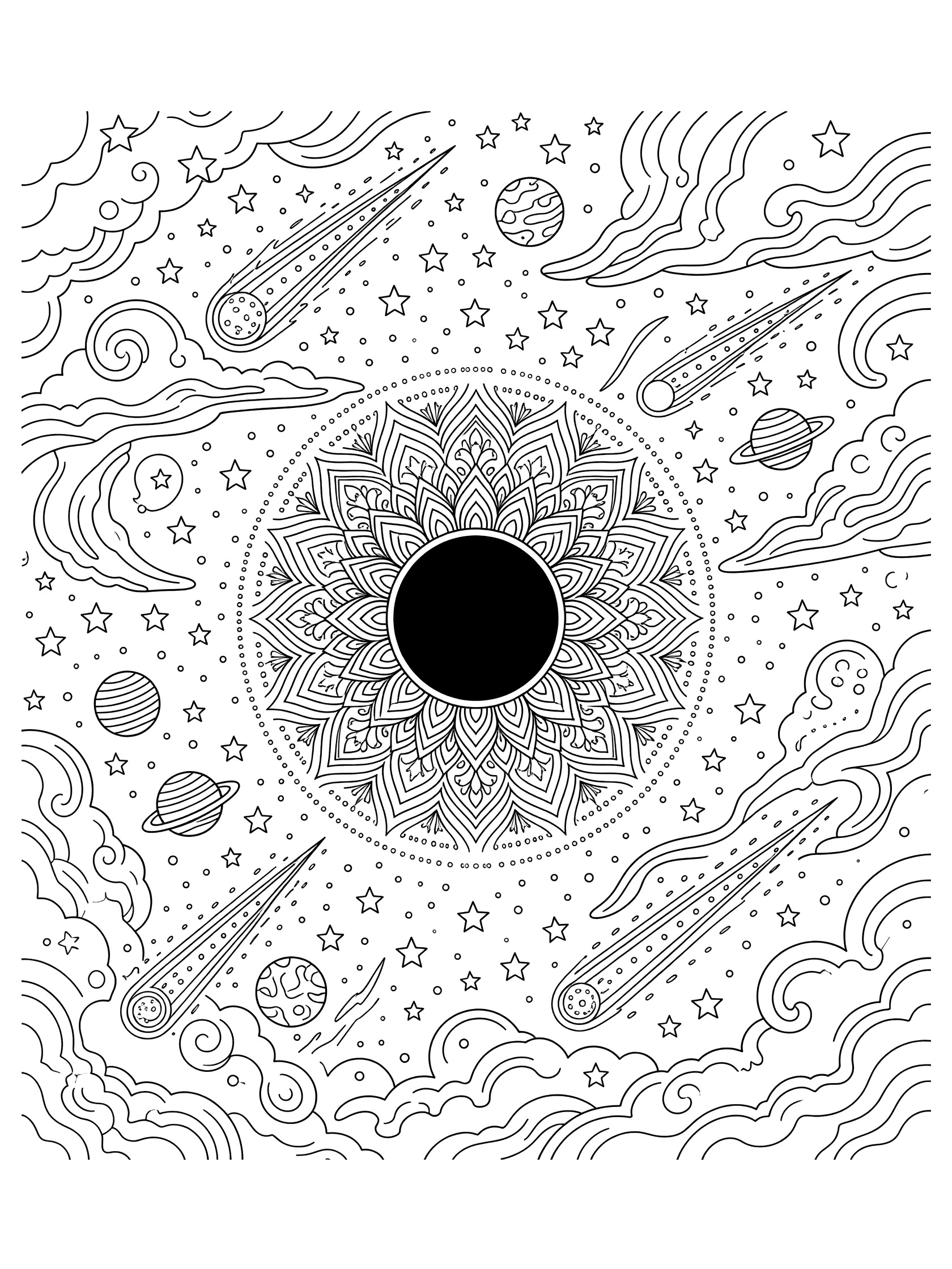 Black and white line art coloring page of a symmetric solar eclipse mandala at center with radiating corona patterns, surrounded by stars, planets, comet trails, and swirling clouds.