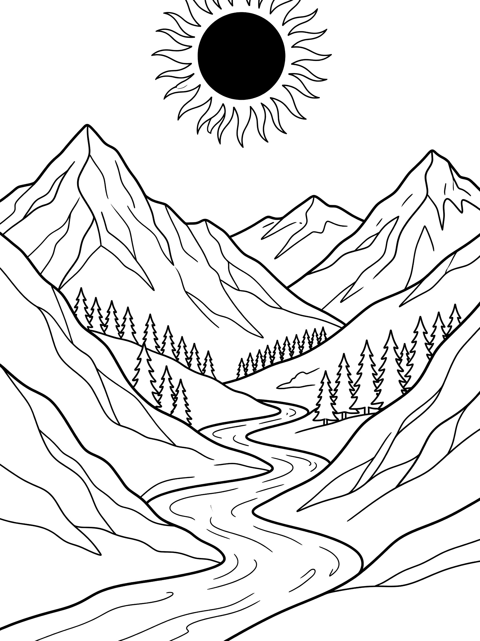 Black and white line art coloring page showing a solar eclipse with black sun disk and spiky corona rays over jagged mountain peaks, pine trees in a valley, and a curvy river.
