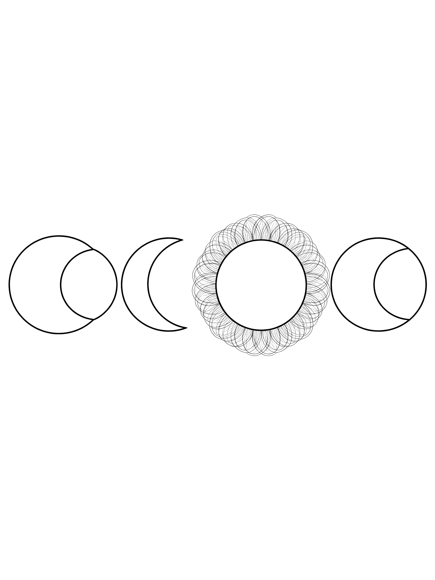 Black and white coloring page showing four stages of a solar eclipse in a row with outlined sun and moon shapes and corona details.