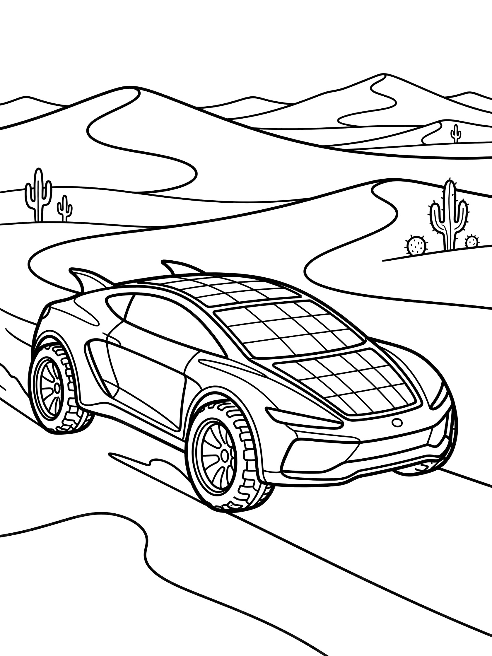 Black and white line art of a sleek solar-powered concept car with large roof panels speeding across sandy desert dunes, big rugged wheels, cacti, and distant mountains.