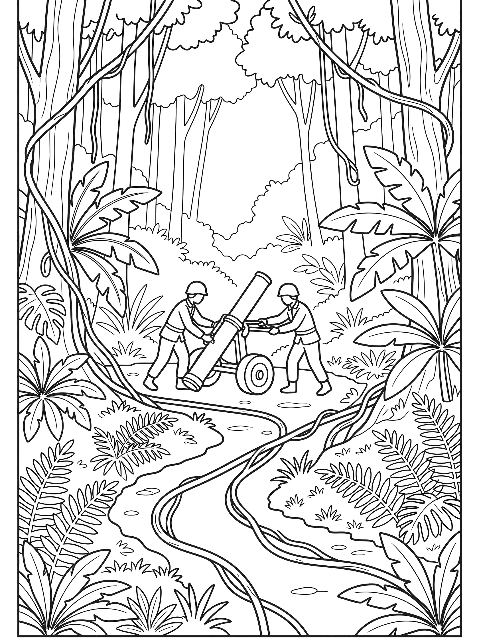 Black and white line art coloring page showing two soldiers pushing a wheeled military mortar on a curvy path through thick jungle with ferns, vines, giant leaves, and misty trees.