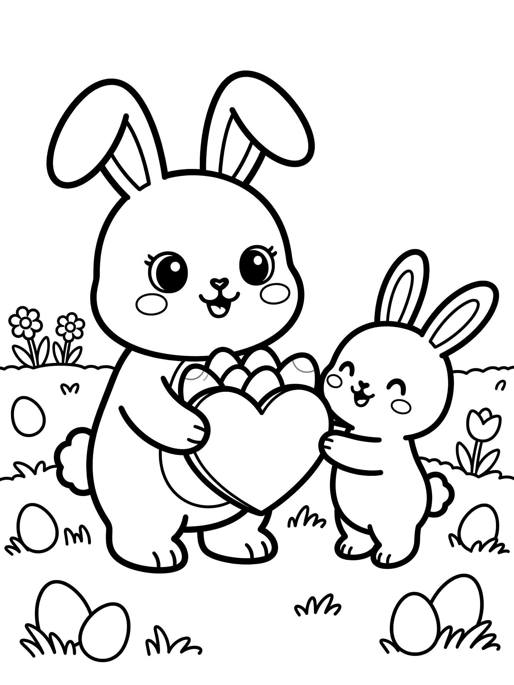 Black and white coloring page of chubby Easter bunny with big eyes and floppy ears offering a heart basket of eggs to smiling baby bunny, surrounded by grass, tulips and eggs