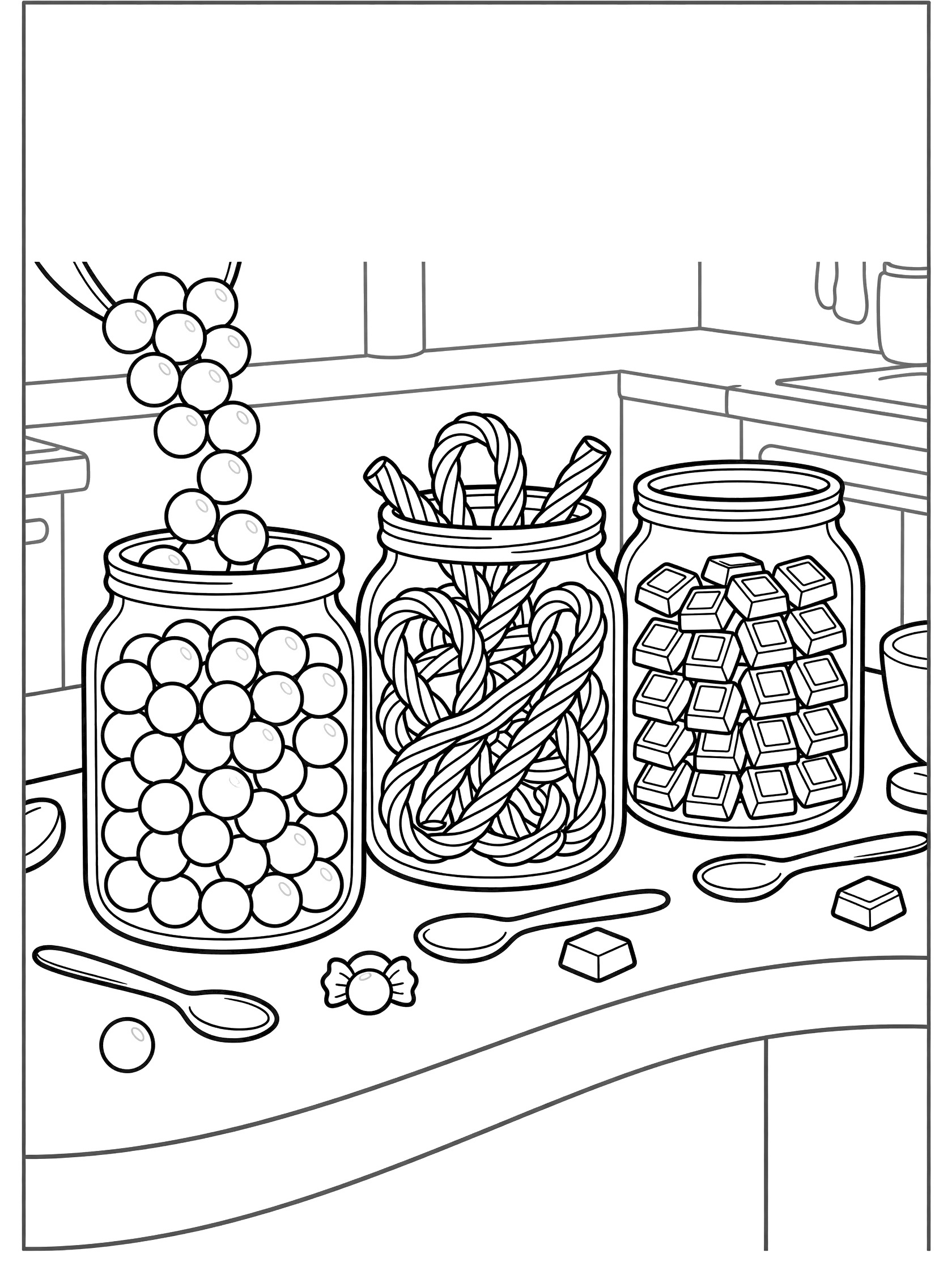 Printable coloring page showing three glass jars on a kitchen counter filled with round candies, twisted licorice, and square chocolates, plus spoons and loose candies nearby.