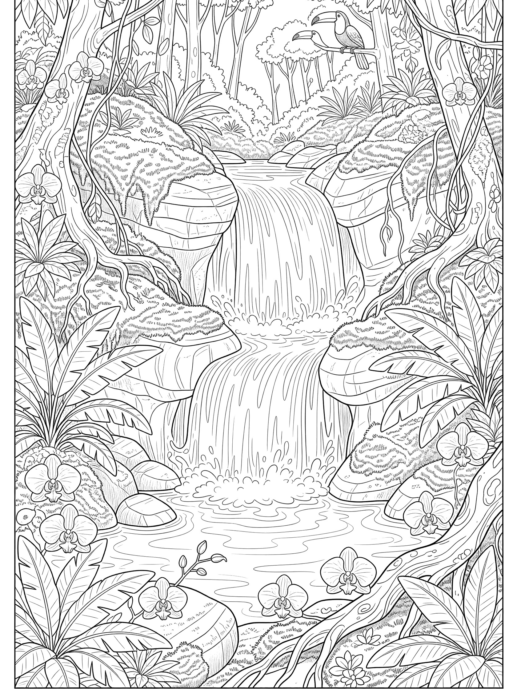 Black and white line art coloring page of a cascading waterfall in a South America jungle, surrounded by ferns, vines, big leaves, orchids, rocks, and toucans on branches.