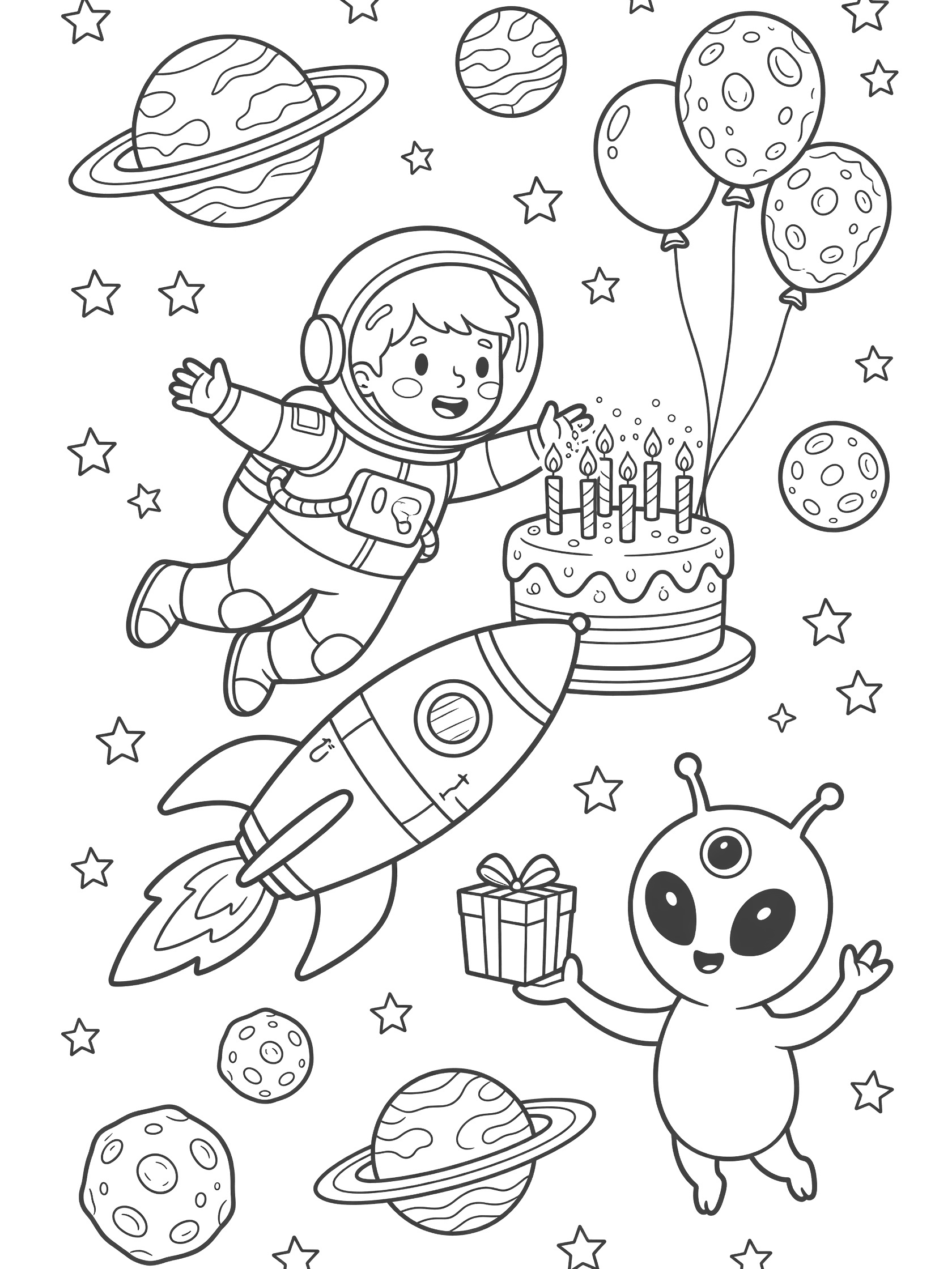 Whimsical coloring page showing a joyful 5-year-old astronaut floating in space, blowing out five candles on a rocket-shaped birthday cake, with smiling alien, planets, stars, and asteroid balloons.