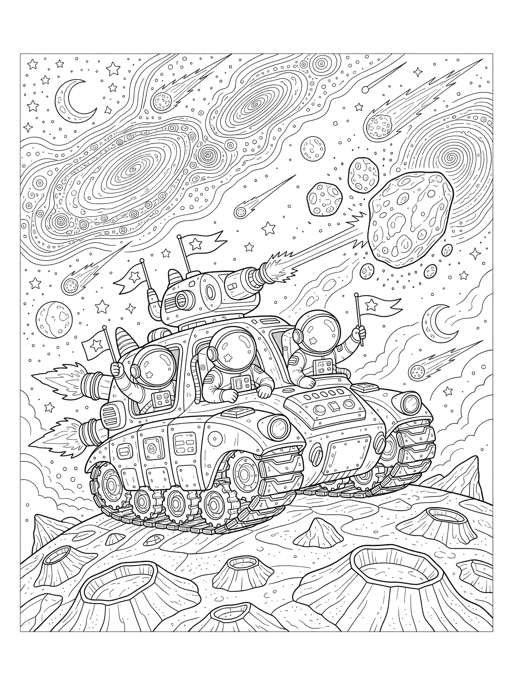 Doodle-style line art coloring page showing a tank with oversized treads on rocky alien surface, rocket flames, laser blasting asteroids, astronauts leaning out waving flags, and starry space background.