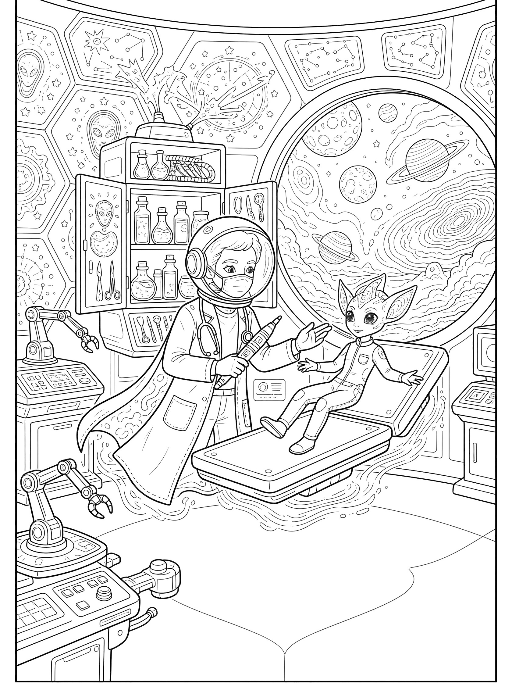 Black and white printable coloring page showing astronaut doctor clinic scene with alien patient on exam bed, space lab equipment, bold thick lines.