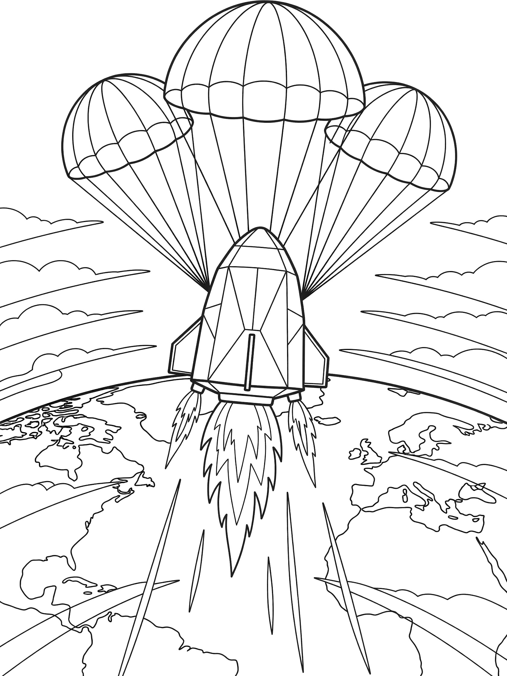 Black and white coloring page of a geometric space capsule reentering atmosphere nose-first, with heat shield base, flame trails, three billowing parachutes above, and curved Earth background with continents and clouds.