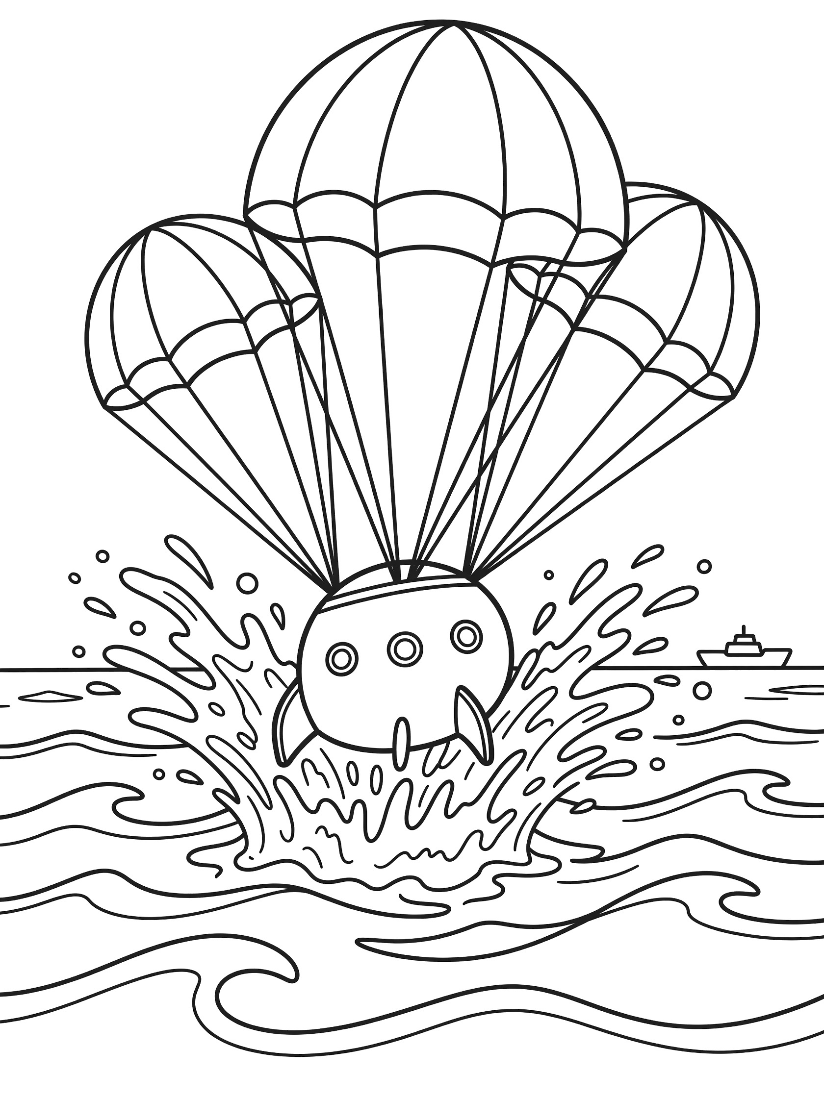 Black and white line art of a space capsule with round windows and fins splashing into ocean waves under three large parachutes, with a ship in the background.