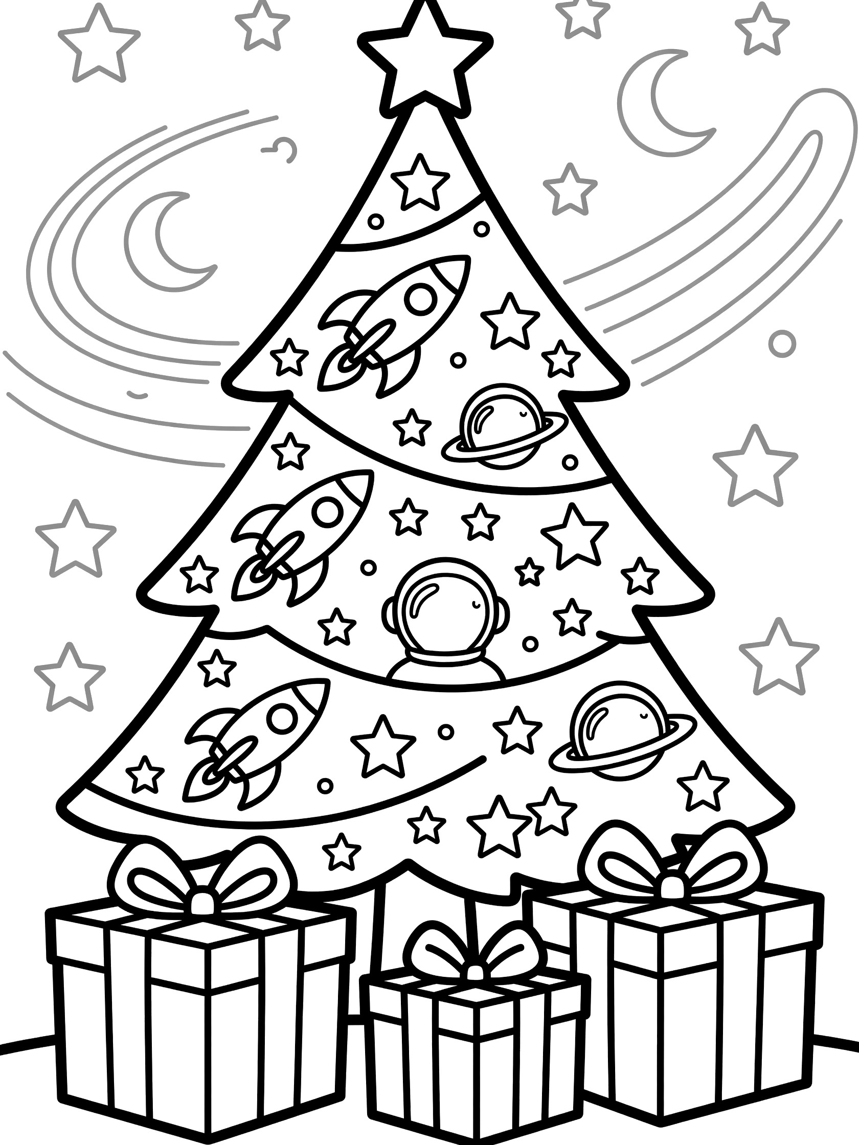 Black and white coloring page showing a tall Christmas tree decorated with rockets, astronaut helmet, planets, stars and moon, with wrapped presents at the base.