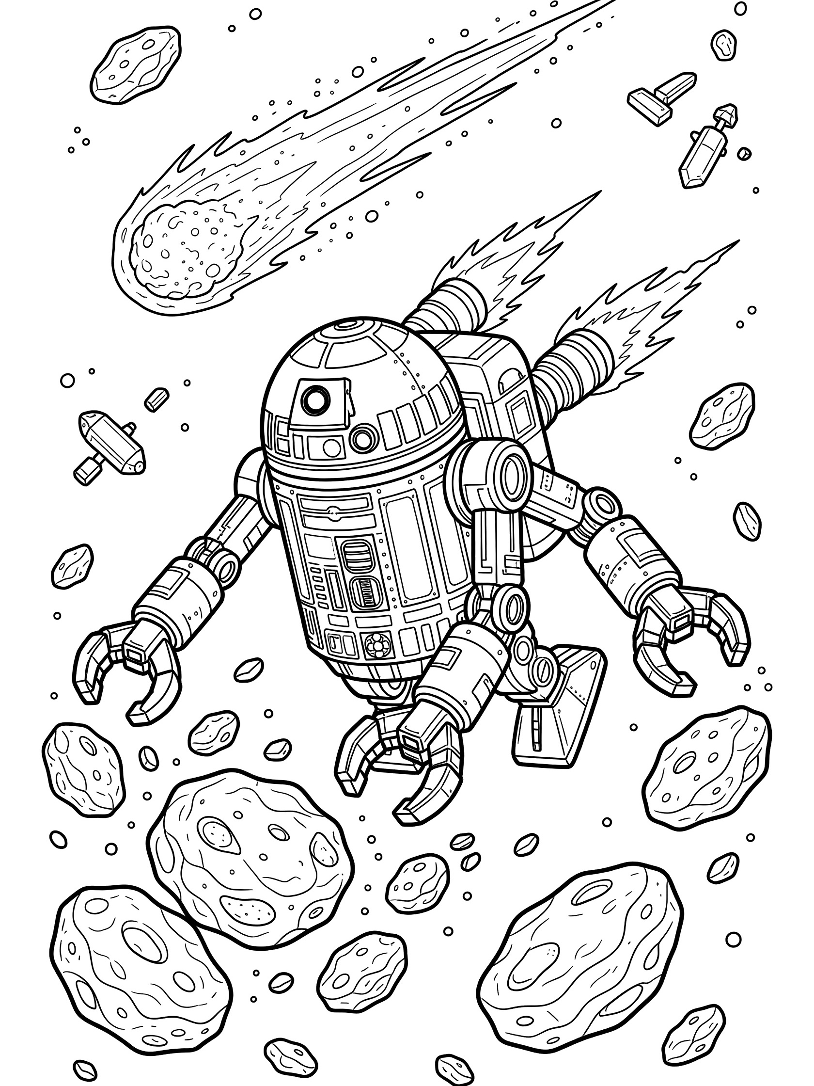Line art coloring page showing a sturdy space droid using magnetic claws to grab space rocks and asteroids, propelled by backpack jetpack, with a comet and debris in space.