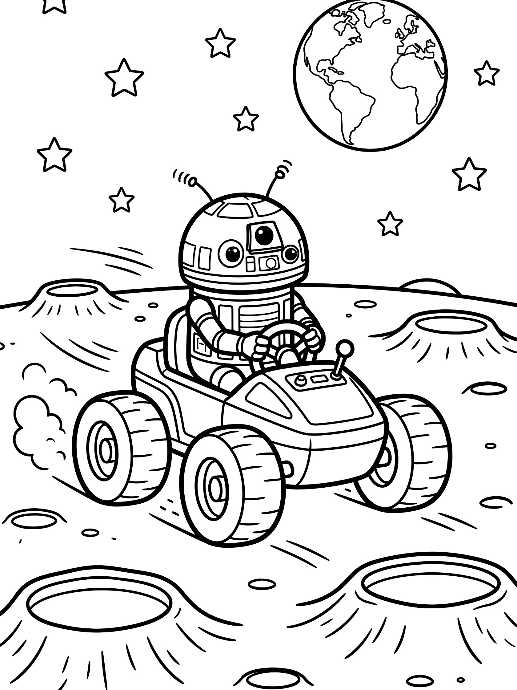 Adorable space droid with antennae at the wheel of a bouncy moon rover racing over moon craters under starry sky with Earth visible