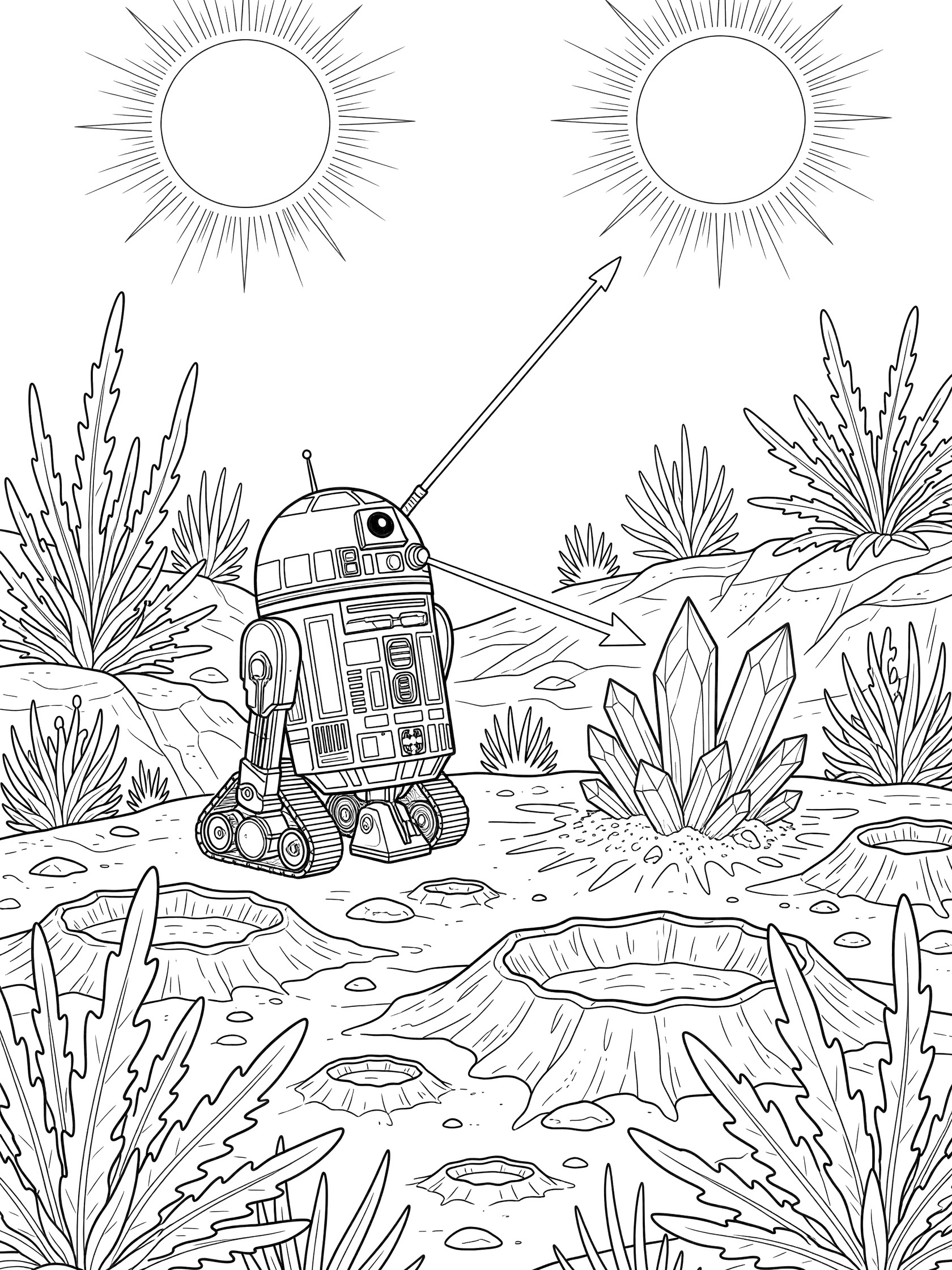 Black-and-white line art of a space droid with treads stepping on rocky alien planet surface, surrounded by spiky plants, craters, crystals, and twin suns overhead.