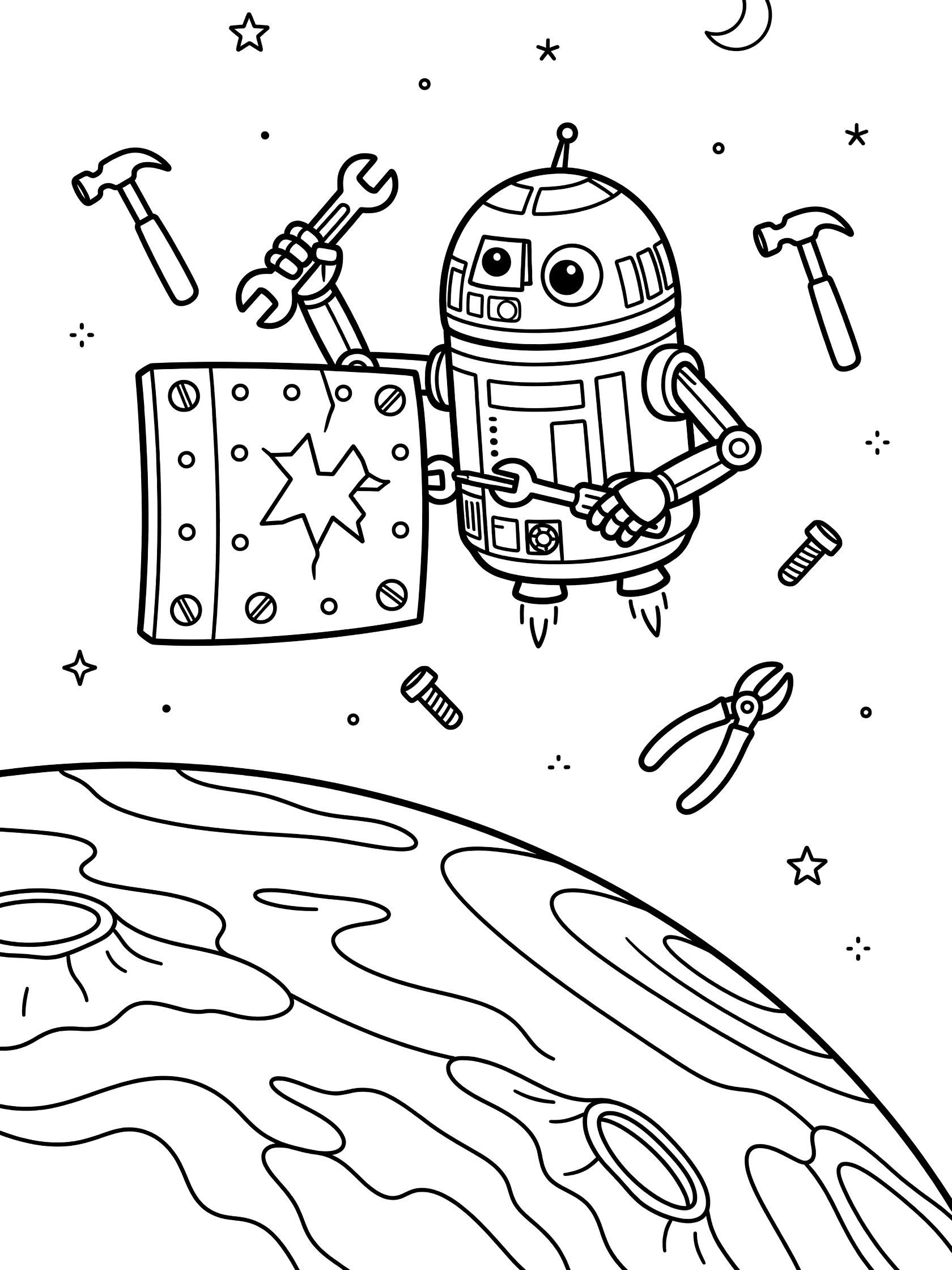 Black-and-white coloring page of a space droid using tools to repair a damaged spaceship panel near a planet, with stars and moon in space.