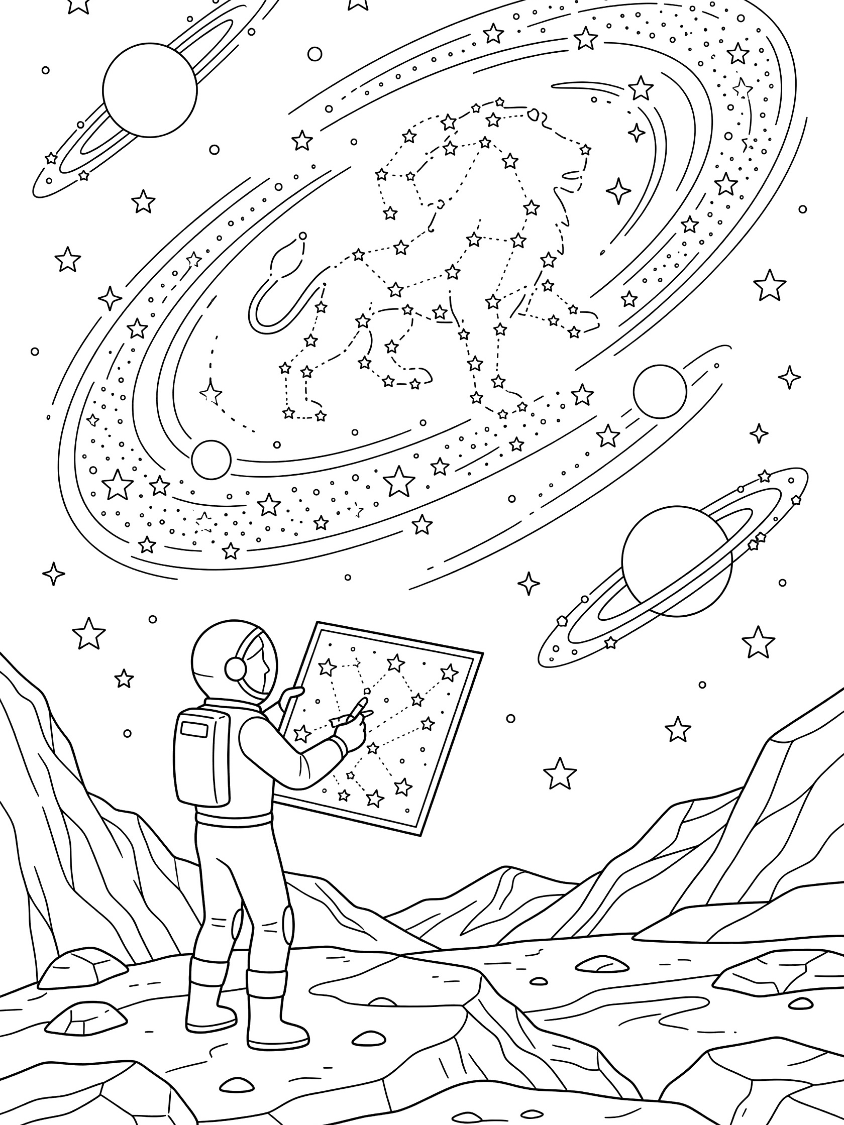 Black-and-white coloring page of astronaut explorer on rocky planet surface drawing dotted lines on star chart to form lion-shaped Leo constellation in starry space sky with orbiting planets.