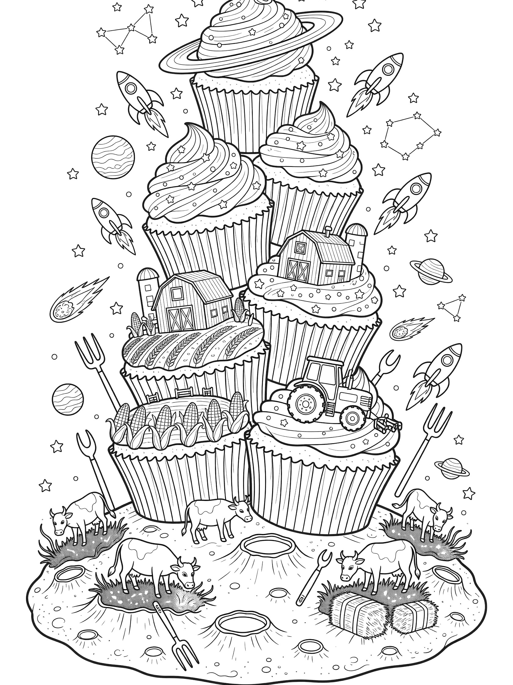 Black and white coloring page showing a tall cupcake party tower mixing space and farm elements like stacked cupcakes, rockets, planets, barns, tractor, cows on a moon base.