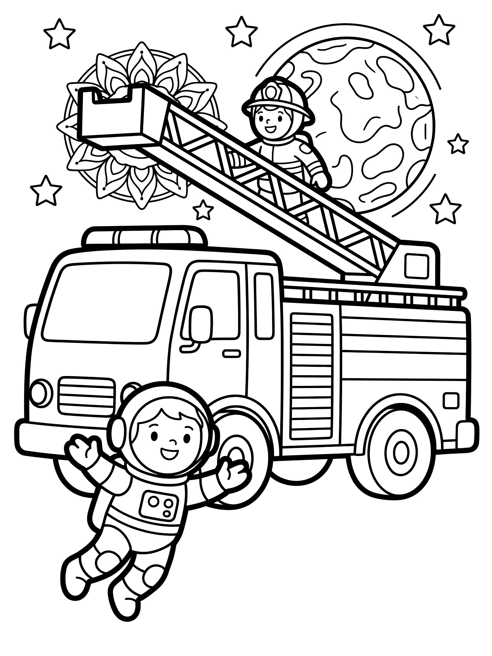 Printable coloring page showing a fire truck rescue scene with astronaut in space, black and white line art for easy coloring.
