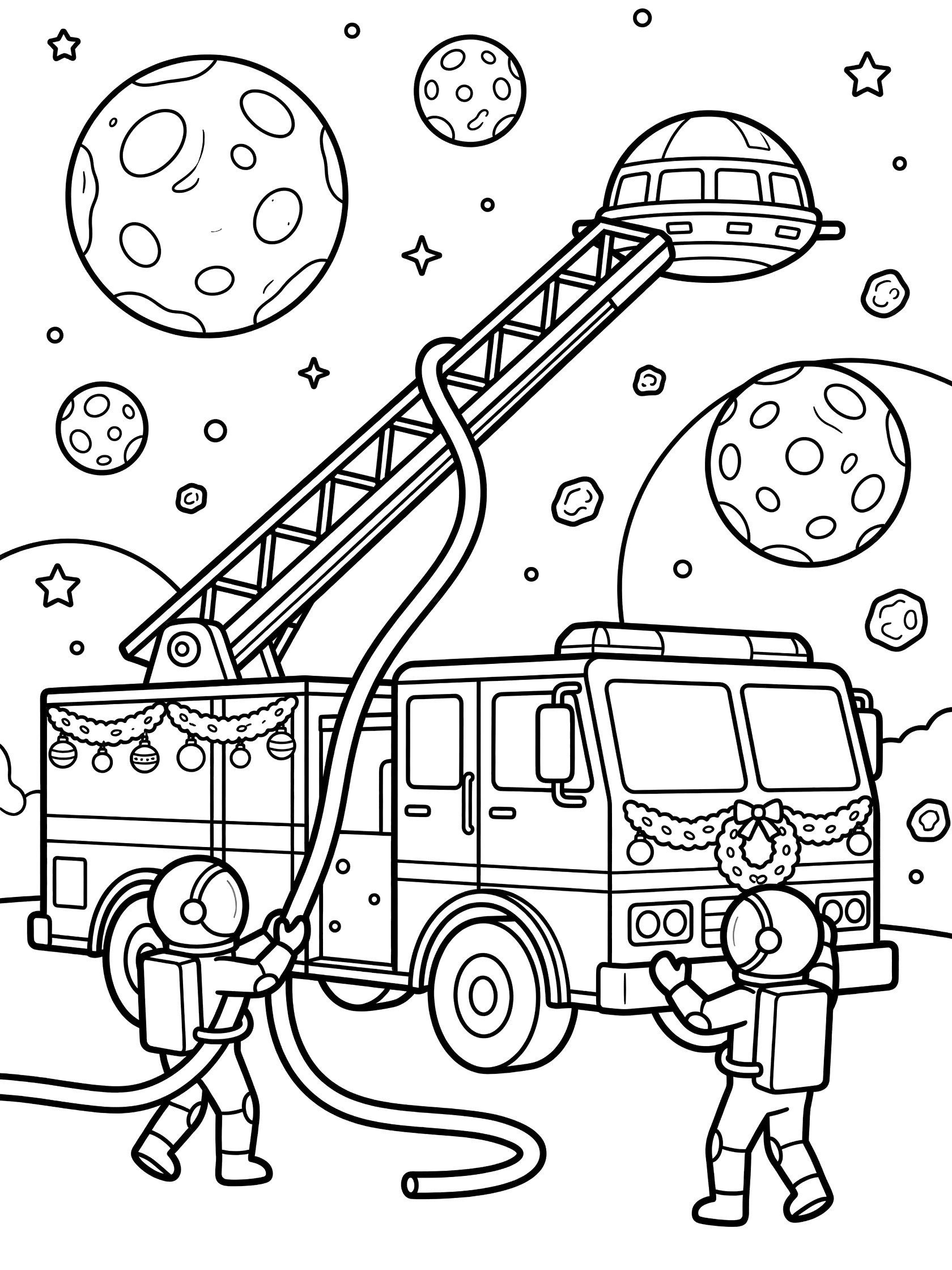 Black and white coloring page showing a fire truck rescue scene in space with astronauts, ladder to UFO, planets, stars, and holiday decorations.