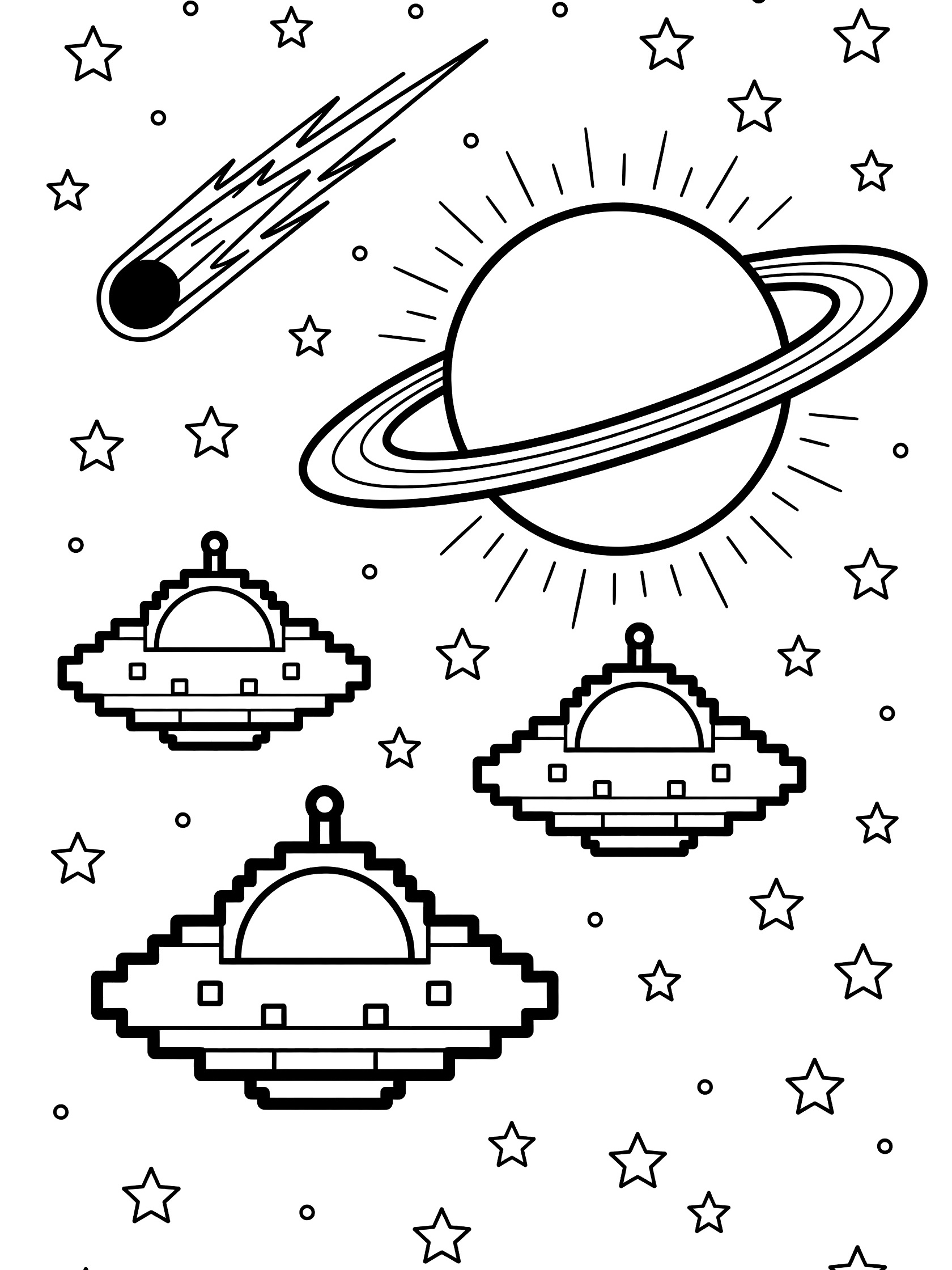 Black-and-white coloring page of three Space Invader UFO ships approaching a glowing ringed planet, stars, and comet trail in space.