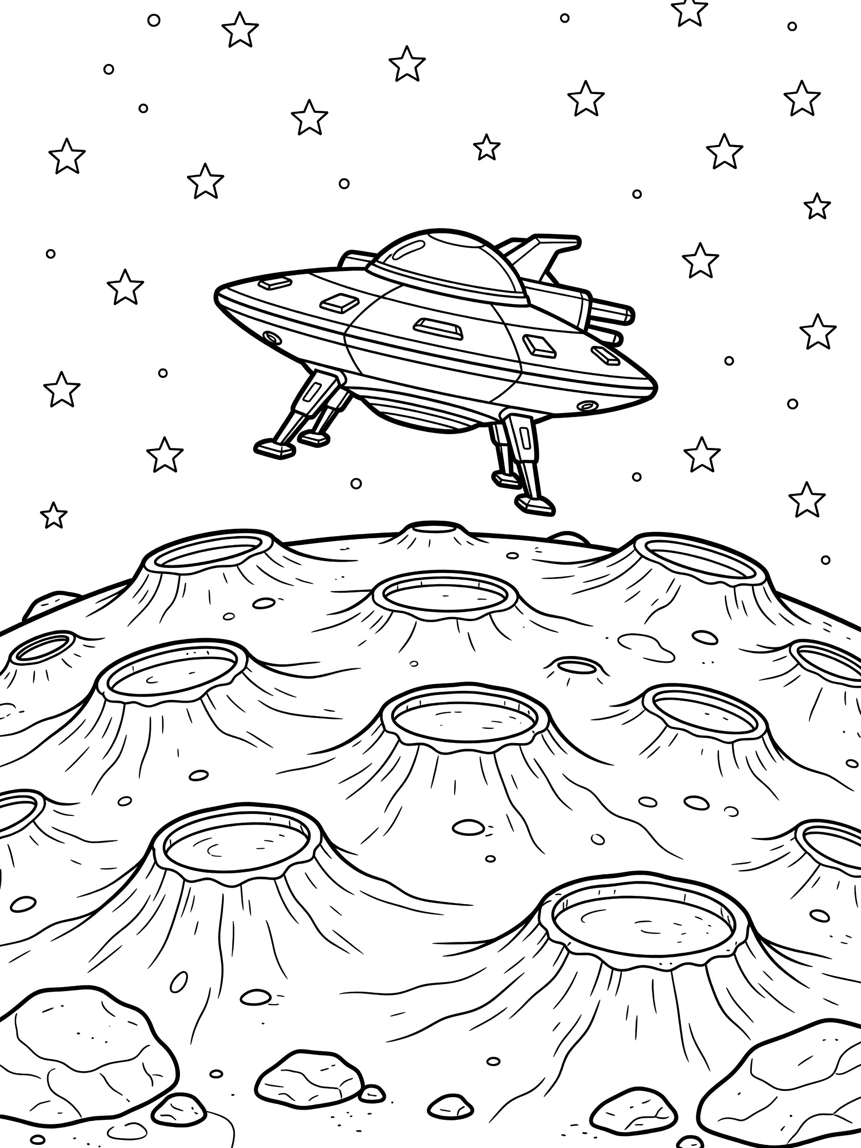 Black and white coloring page showing Space Invader spaceship landing on rugged cratered moon with stars and rocks