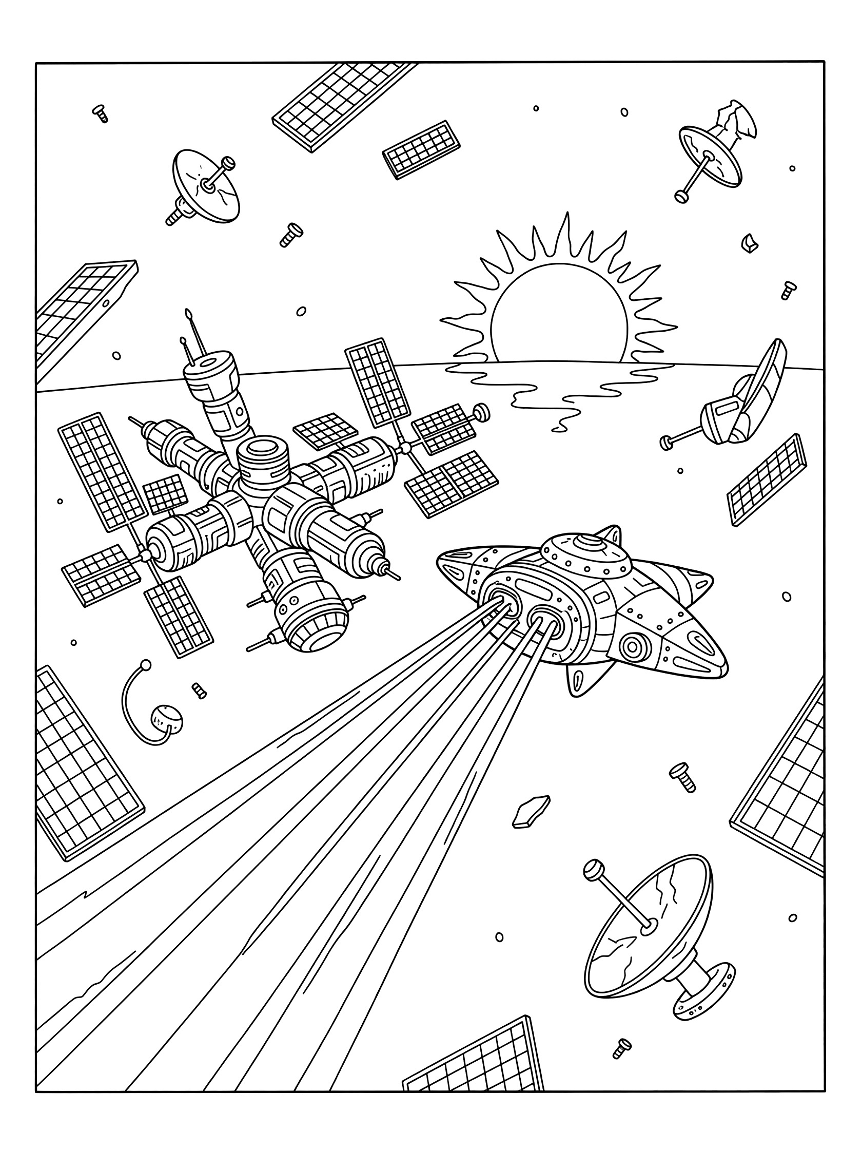 Black-and-white coloring page of a space invader ship emitting beams toward an abandoned space station in orbit near a sun with floating debris and solar panels.
